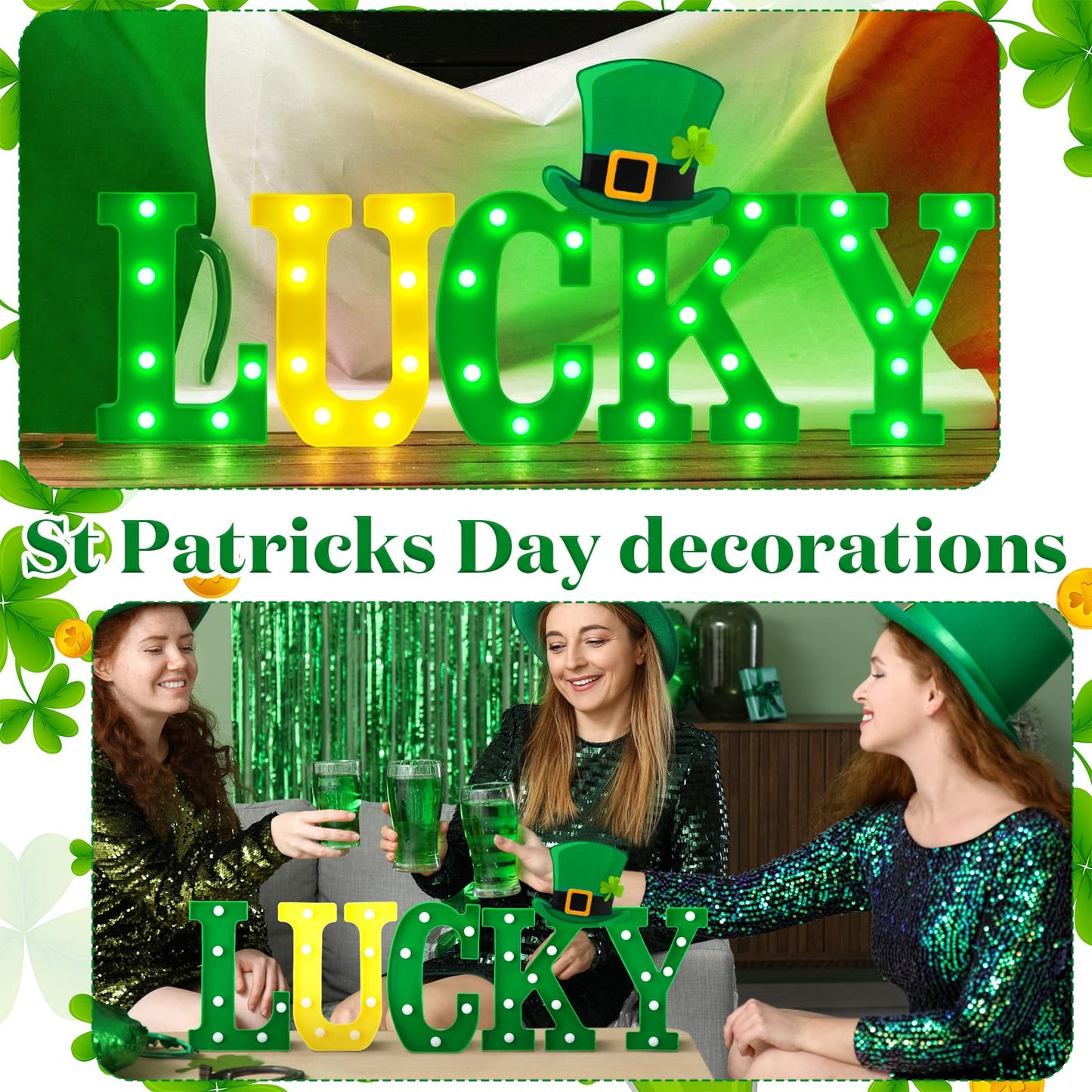 St Patrick's Day Decorations Plastic LED St. Patrick's Day Lucky Sign Marquee Light up Letters Lucky Table Decoration Centerpiece with Leprechaun Hat Card Decor for Home Mantle Irish Party Desk Office