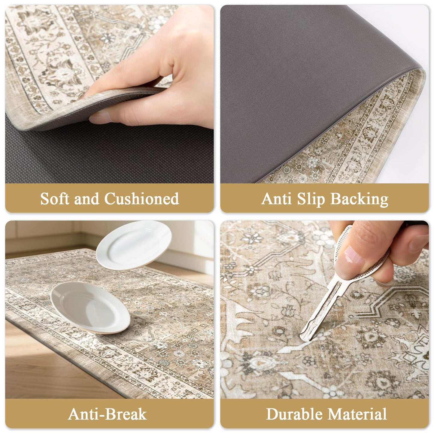Pauwer Anti Fatigue Kitchen Floor Mats Set of 3, PVC Foam Padded Kitchen Rugs, Non Slip Cushioned Comfort Standing Mat, Waterproof Sink Rug for Small Kitchen Area, Laundry Room, Light Brown