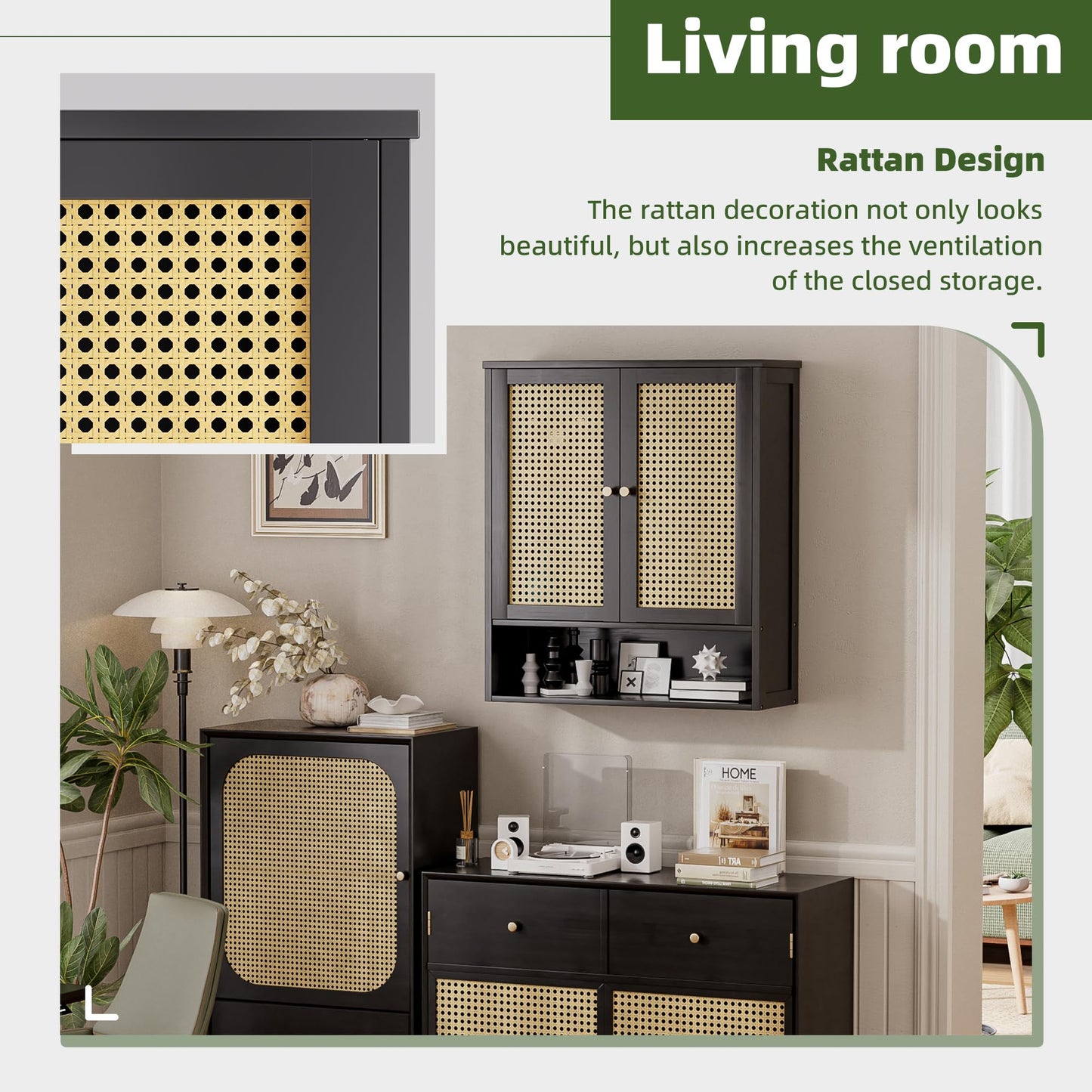 vovala Bathroom Wall Cabinet, Bamboo Over-The-Toilet Storage Organizer with 2 Rattan Doors and Adjustable Shelf, Space Saver Medicine Cabinet for Laundry, Kitchen, Living Room (Black)
