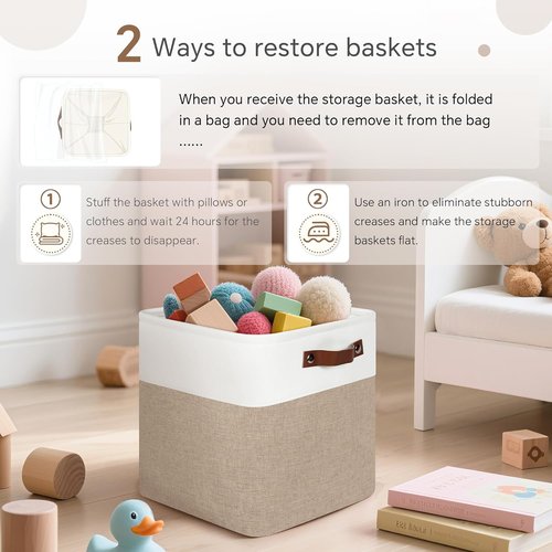 FinishingBo Cube Storage Baskets - 6 Pack 11x11 Inch Bins with Leather Handles for Closet | White & Khaki