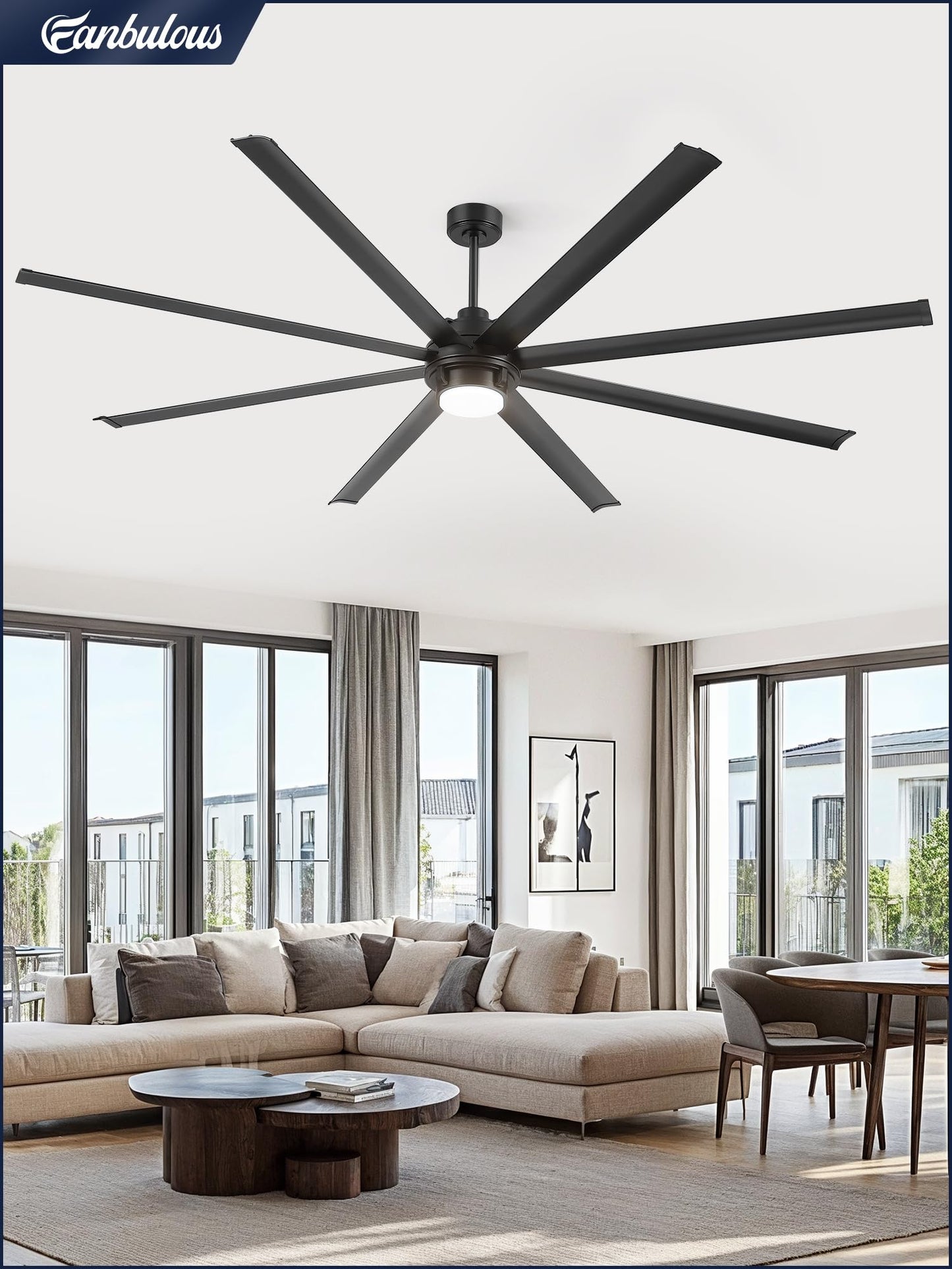 Fanbulous 96 inch Large Ceiling Fan Outdoor Industrial Ceiling Fan with Light and Remote, 6-Speed, 3CCT, 8 Aluminum Blades, Modern Black Big Assed Ceiling Fans for Patios Garage Shop Porch Indoor