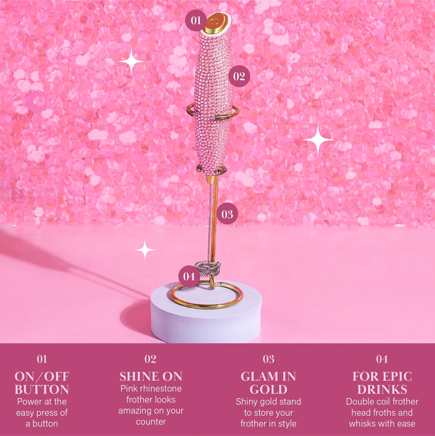 Paris Hilton Electric Rhinestone Handheld Milk Frother with Double Coil Head Whisk and Gold Metal Stand, Battery Powered (2 AA Batteries Required but Not Included), Pink