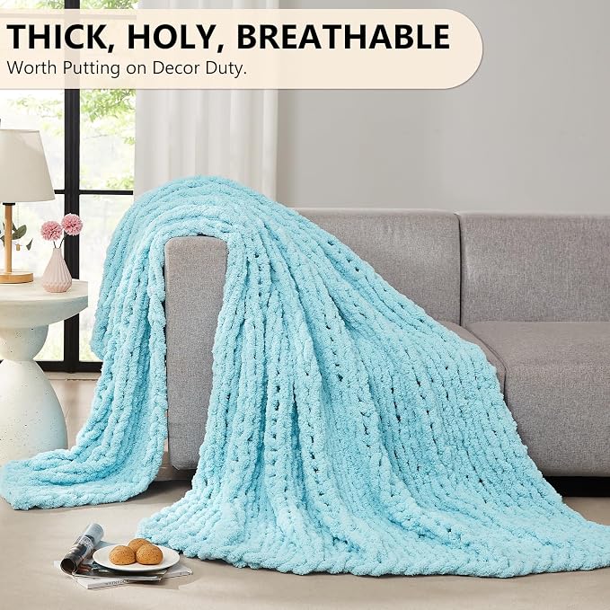 L'AGRATY Chunky Knit Blanket Throw: 72''x84'' Chenille Chunky Knitted Throw Blankets for Bed Couch - Handmade Thick Big Cable Knit Blanket - Large Crochet Blankets for Home Decor(Light Blue)