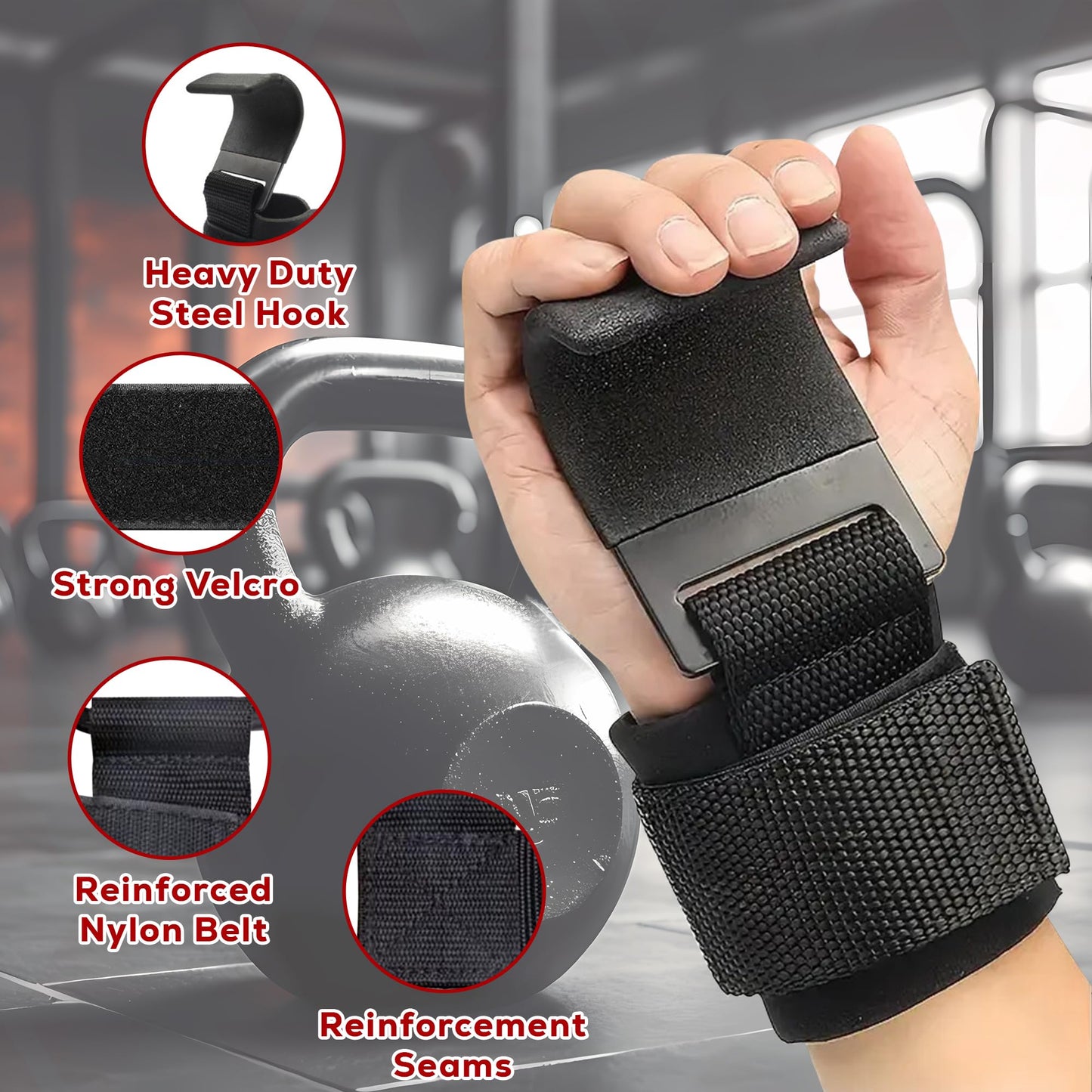 Weight Lifting Hooks (Pair) with Padded Wrist Straps – Heavy Duty Steel Grip Support for Deadlifts, Powerlifting, Bodybuilding & Pull-Ups – Gym Training Hooks for Men & Women