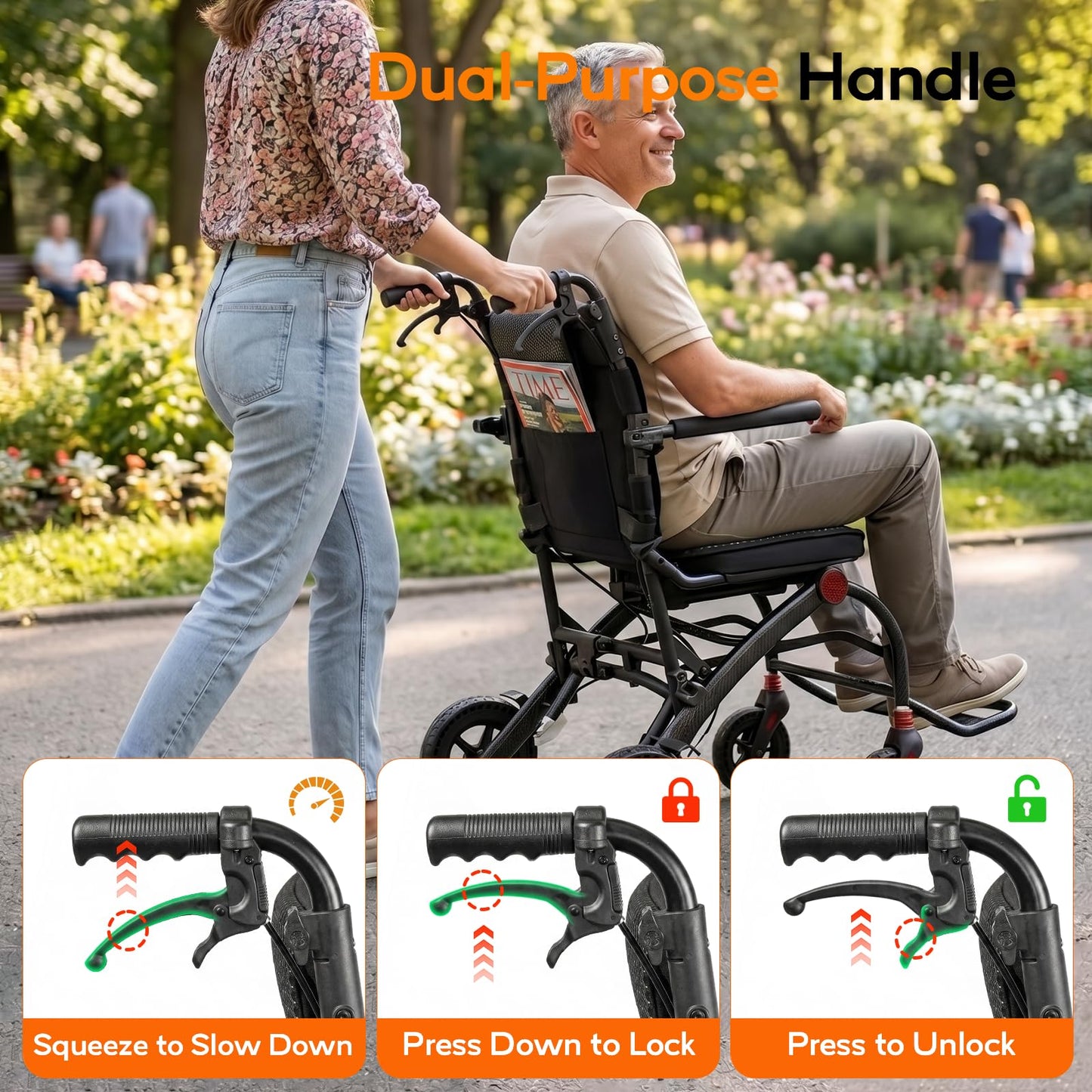 SOFTFISH Wheelchair for Adults with Pull Rod, 1s Foot-fold Transport Wheelchair Lightweight Foldable, Wheelchairs with Flip-Back Armrest & Footrest, Handbrakes, Travel Transport Chair for Seniors