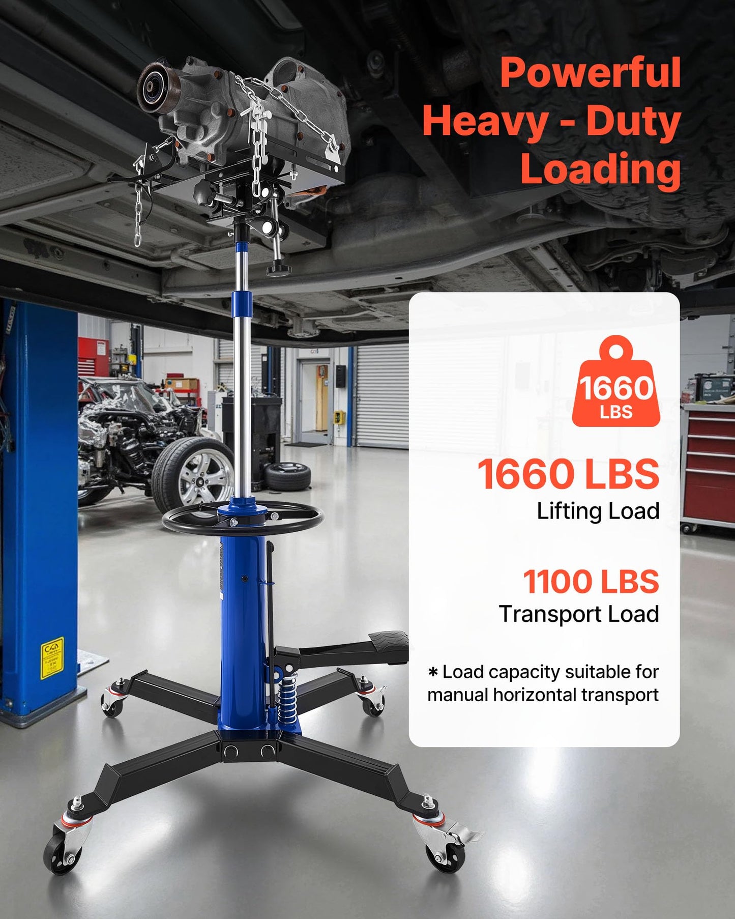 VEVOR Hydraulic Transmission Jack, 1660 lbs Capacity Hydraulic Telescopic Transmission Jack, 34.6-69.3 in High Lifting Height, 2-Stage Floor Jack Stand with Foot Pedal, 360° Swivel Wheel, Blue