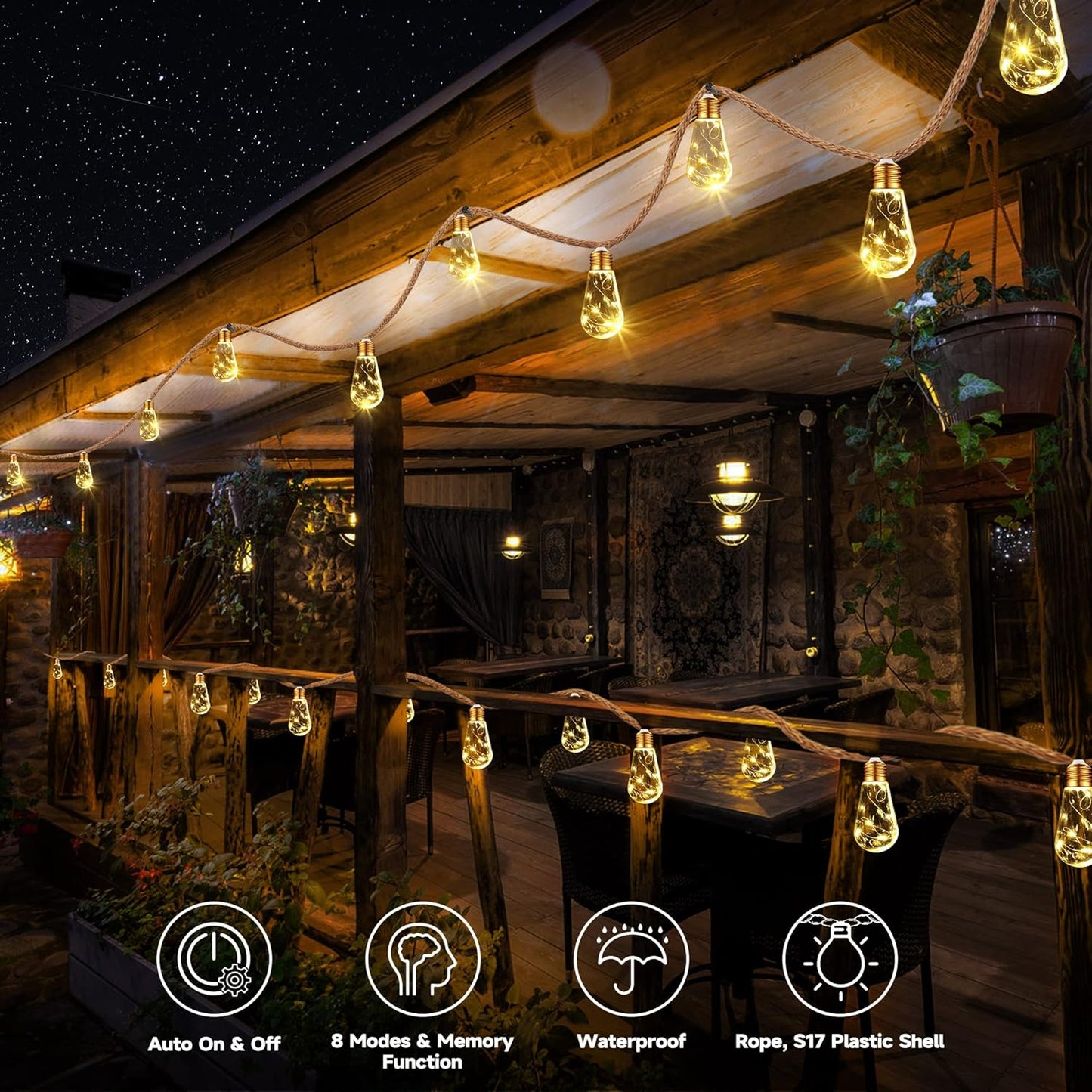 Skiennix Solar Outdoor String Lights - 20Ft Vintage Rope Hemp | Waterproof Warm White with 8 Modes & 16 Shatterproof Bulbs