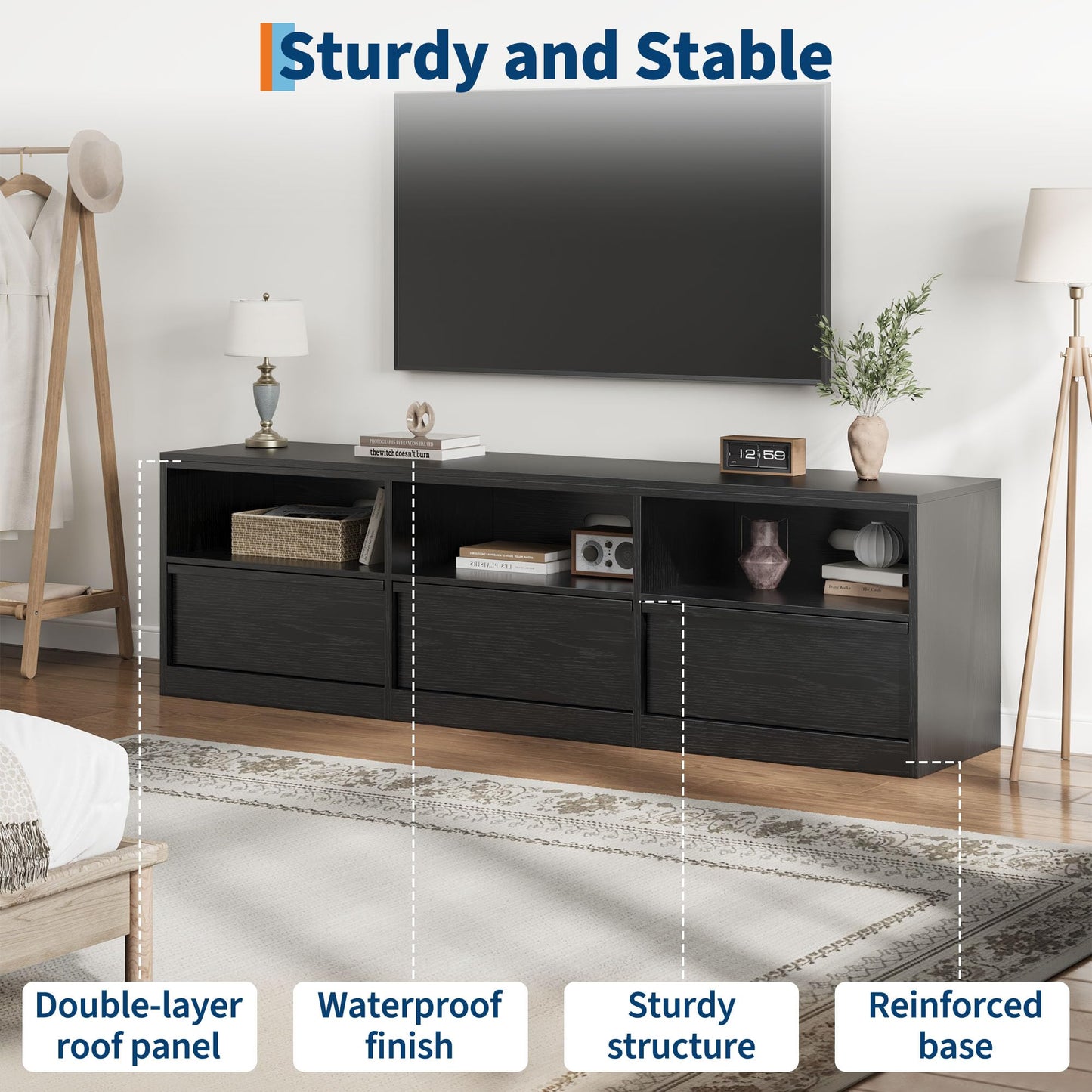 IDEALHOUSE 70" TV Stand for 75 80 Inch TV, Mid-Century Modern Entertainment Center with Storage Drawer & Open Shelves, Wood Media Console Table for Living Room & Bedroom, Black
