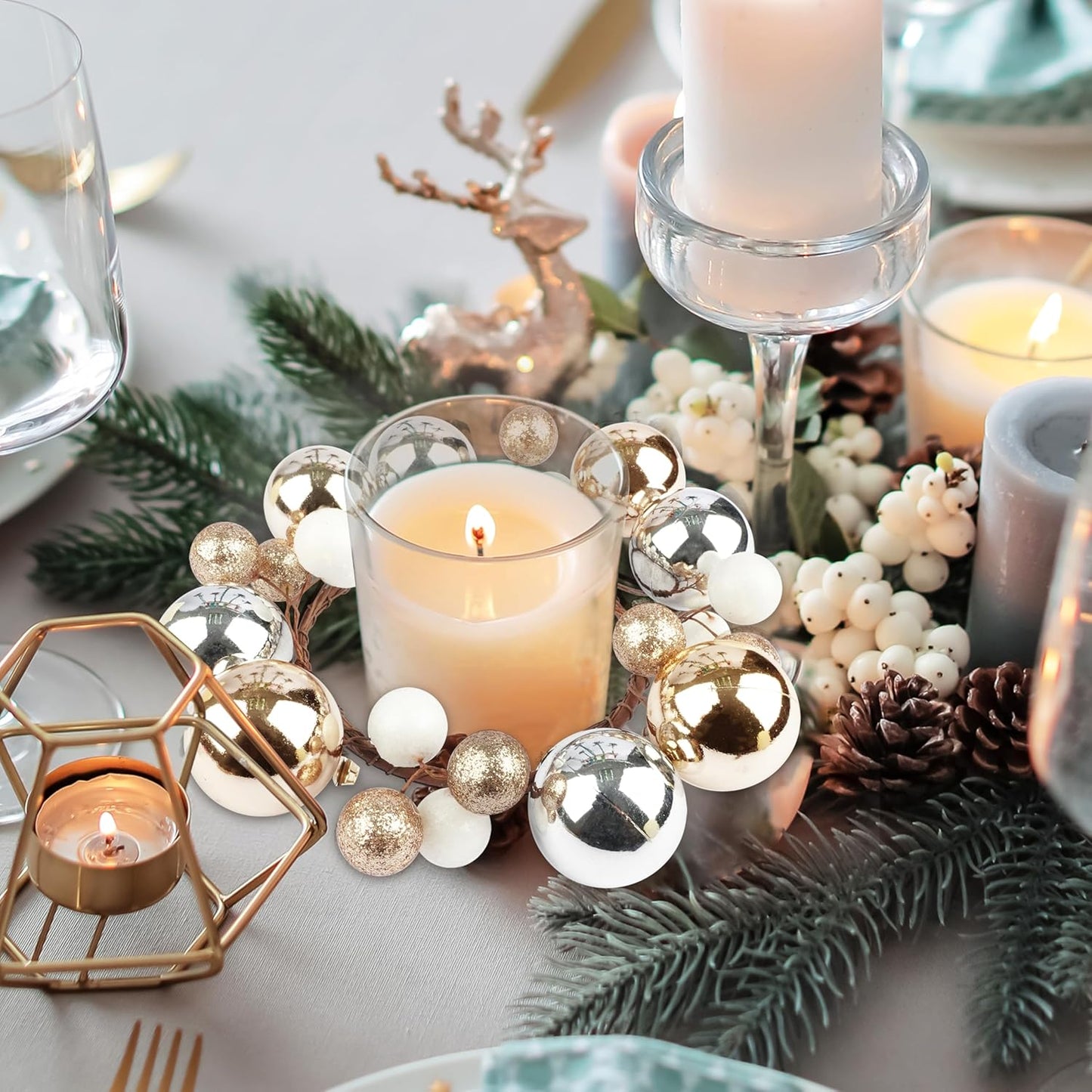 Regine Switzerland Christmas Ball Ornament Candle Rings - Gold & Silver Glitter | 3.2 Inch Candle Holders for Rustic Winter Decor