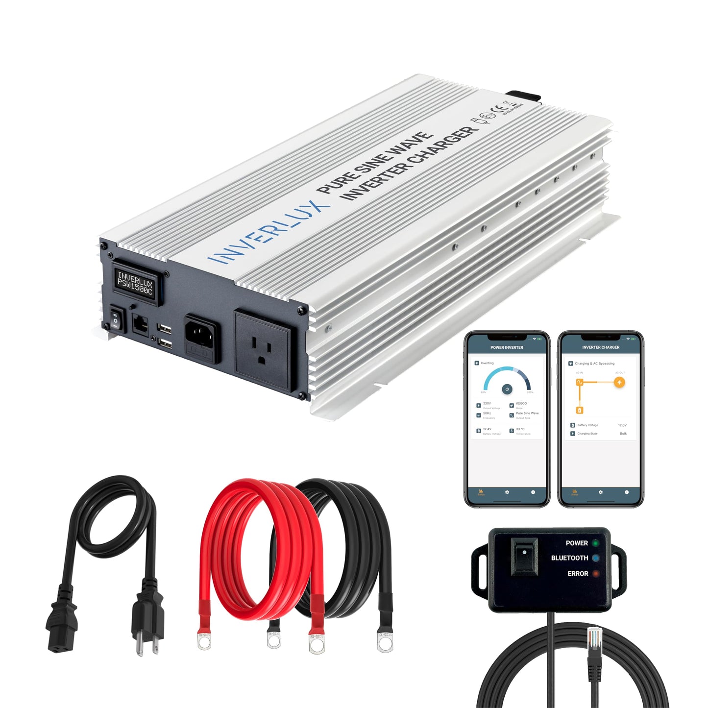 1500W Pure Sine Wave Inverter Charger with App Control, LCD Display & Auto Transfer Switch, Fast QC 3.0 USB, Reliable Backup Power for Home, Solar Systems, Sump Pumps & Emergencies