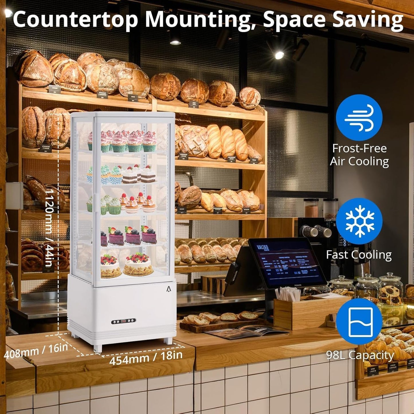Commercial Display Refrigerator, 3.5 cu. ft./98 Liter Countertop Refrigerated Cake Display Cabinet, Refrigerator with Adjustable Shelves and Digital Controls, LED Display, For Cafes, Bakeries, White