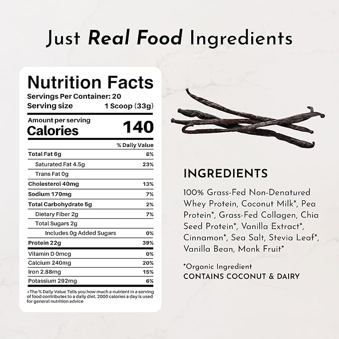JUST INGREDIENTS Vanilla Bean Protein Powder ??20-Serving Blend with 100% Grass-Fed Whey & Organic Plant Proteins ??Real Vanilla Bean & Cinnamon ??Supports Muscle Recovery, Energy*