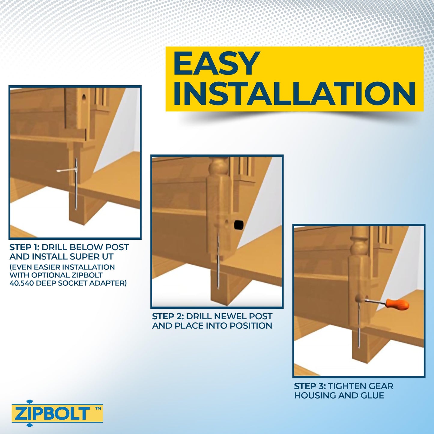 Zipbolt 14.110 Super UT Newel Post Fastener — Quick and Easy Wrench-Free Installation of Staircase Newel Posts, Anchors Post Directly to Wood or Concrete Floor