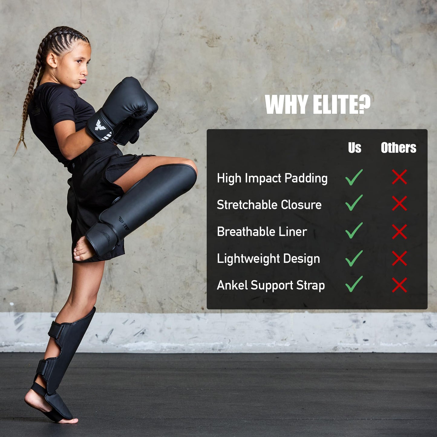 Elite Sports Muay Thai MMA Kickboxing Boys and Girls Shin Guards for Age 4 to 8 Years, Instep Guard Sparring Protective Leg Shin Kick Pads for Kids (Medium, Black)