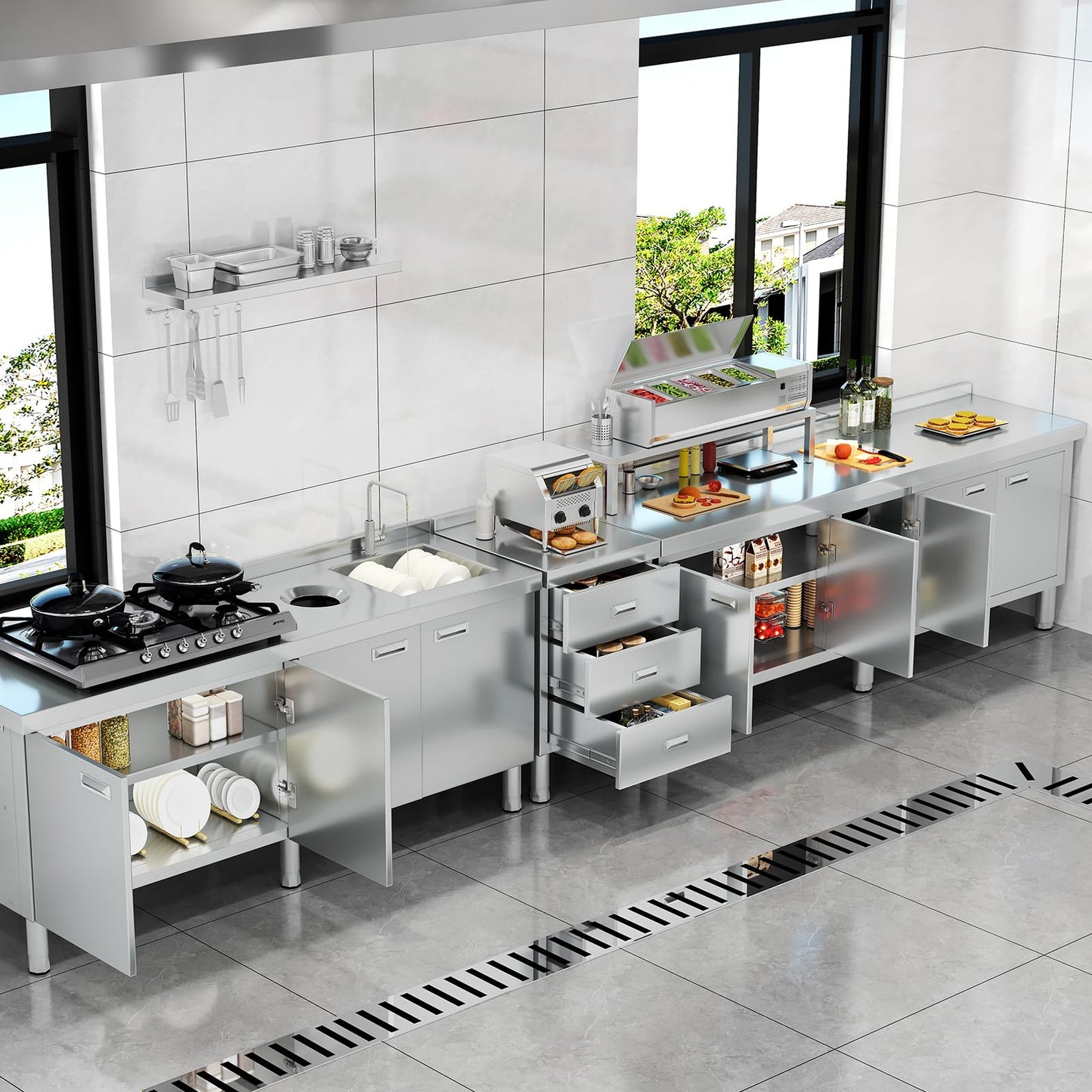 ZZV Stainless Steel Kitchen Cabinet Outdoor Kitchen Drawers with Handles Triple Access BBQ Drawers for Outdoor Garage Warehouse Restaurant, No Assembly Required, 21.66 x 19.68 x 35.43 in