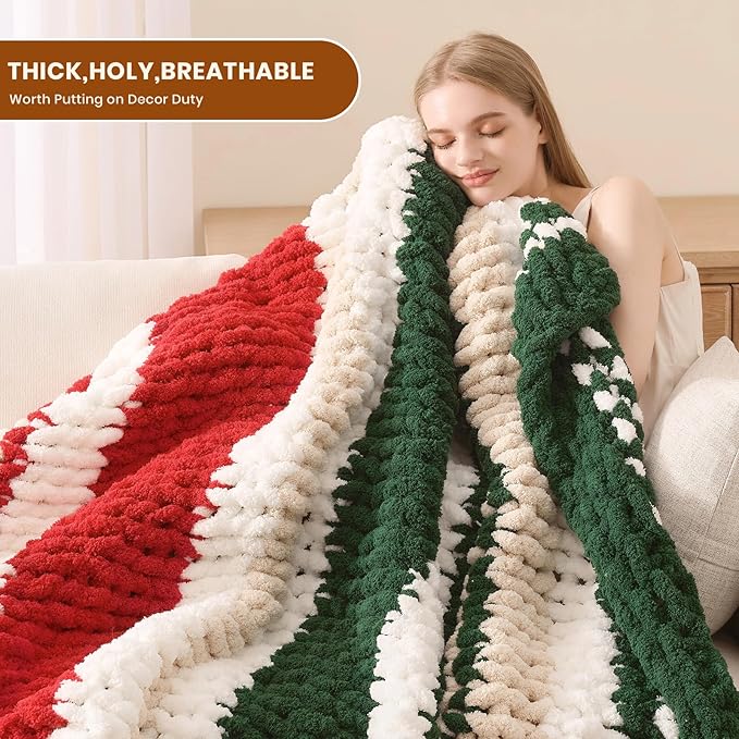 L'AGRATY Chunky Knit Blanket Throw: 60''x80'' Chenille Chunky Knitted Throw Blankets for Twin Bed Couch - Handmade Thick Cable Knit Blanket - Large Crochet Rope Blankets for Home Decor