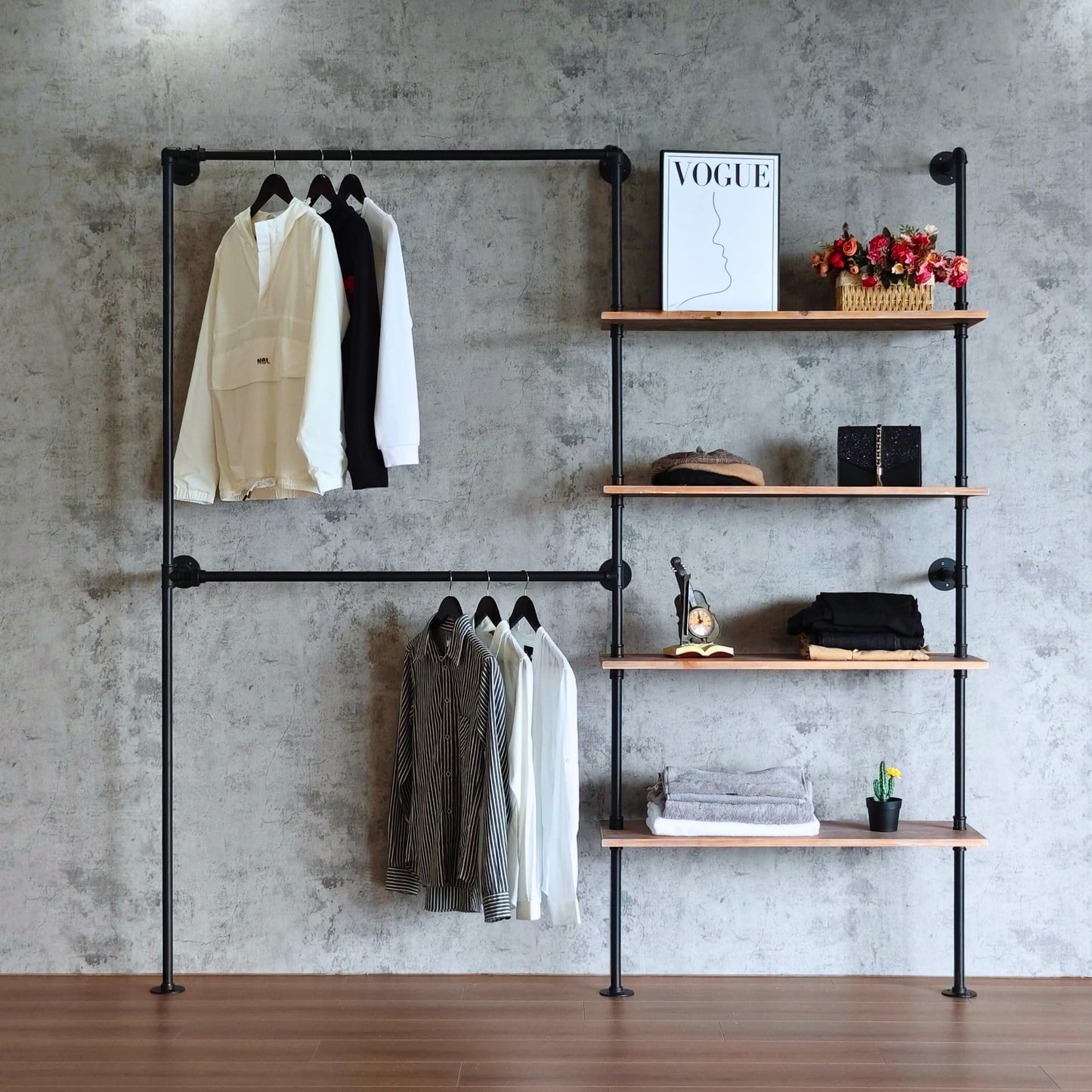 Anynice Industrial Pipe Clothing Rack, Wall Mounted Garment Black Wall Hanging Clothing Rack, Heavy Duty Clothes Rack for Walk in Closet Storage, Laundry Room, 14.6x76x82.7 Inches, Model Y02