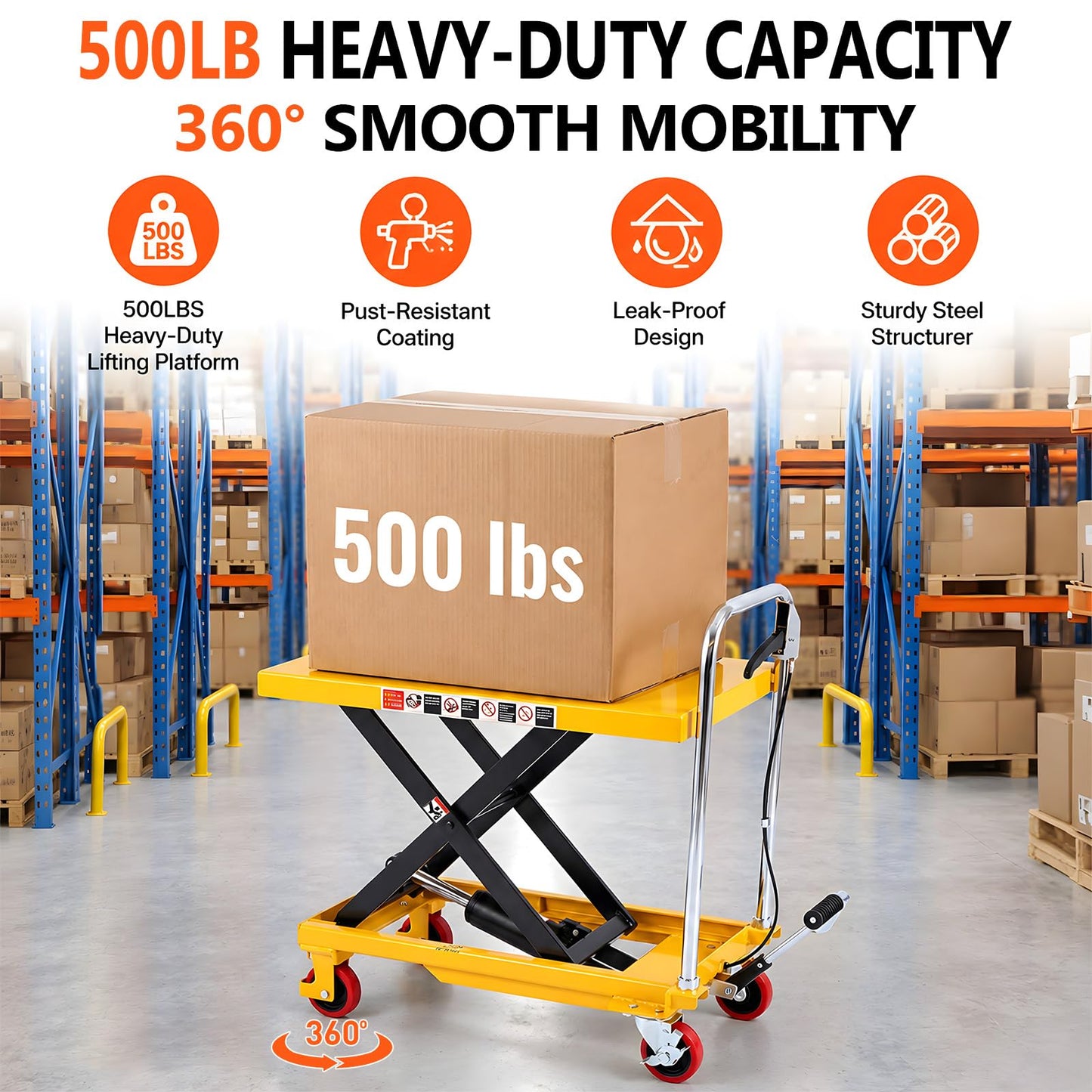 Claw Road 2026 New Hydraulic Lift Table Cart 500LB Capacity, 32" Lift Height, Manual Scissor Lift Cart with Foot Pedal, Release Handle & Locking PU Casters for Warehouse, Workshop, Garage, Yellow