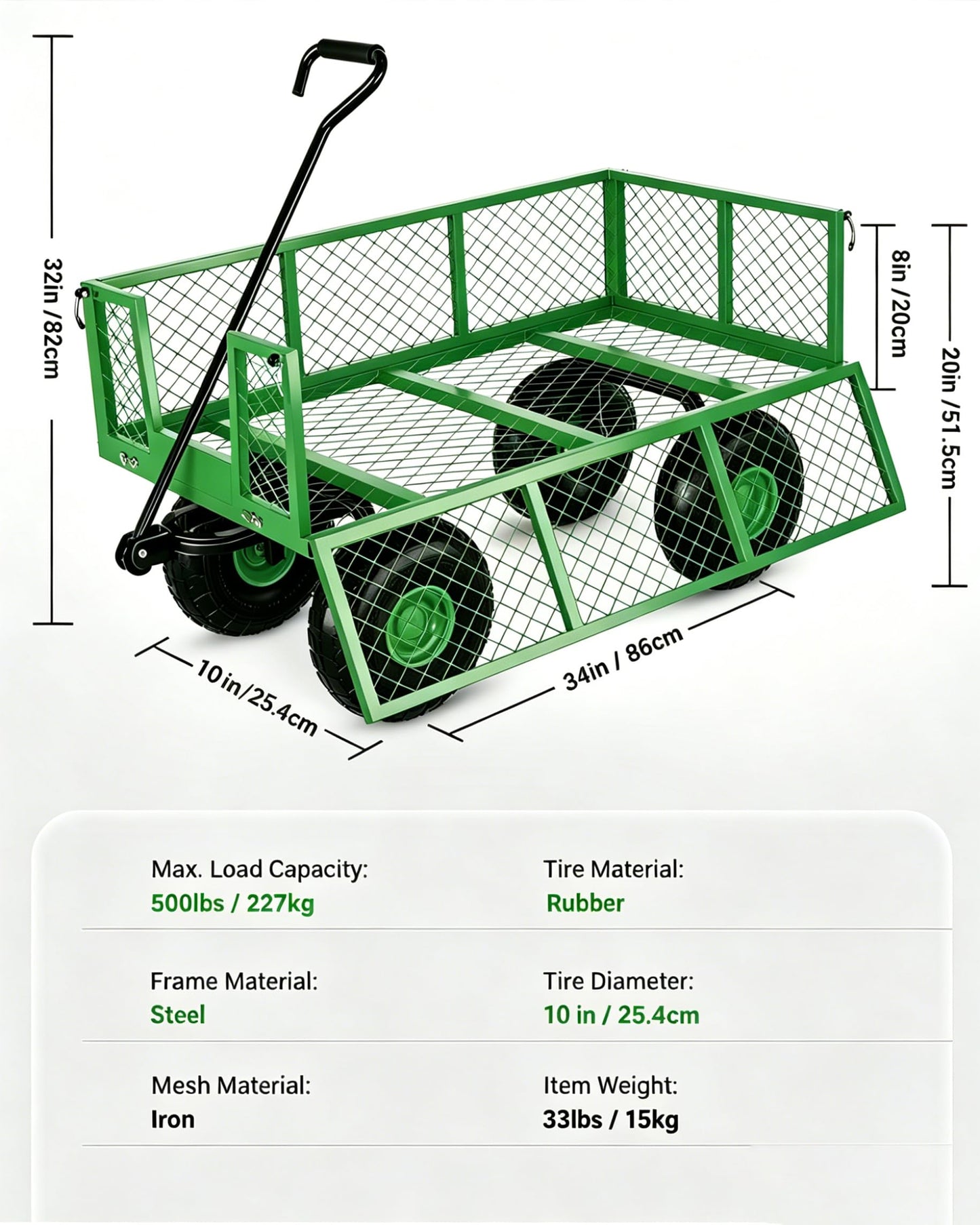 Garvee Steel Garden Cart, 500 LBS Capacity Utility Outdoor Wagon, Heavy Duty Mesh Garden Metal Wagon with Removable Sides, Flexible Handle for Yard, Lawn, Garden