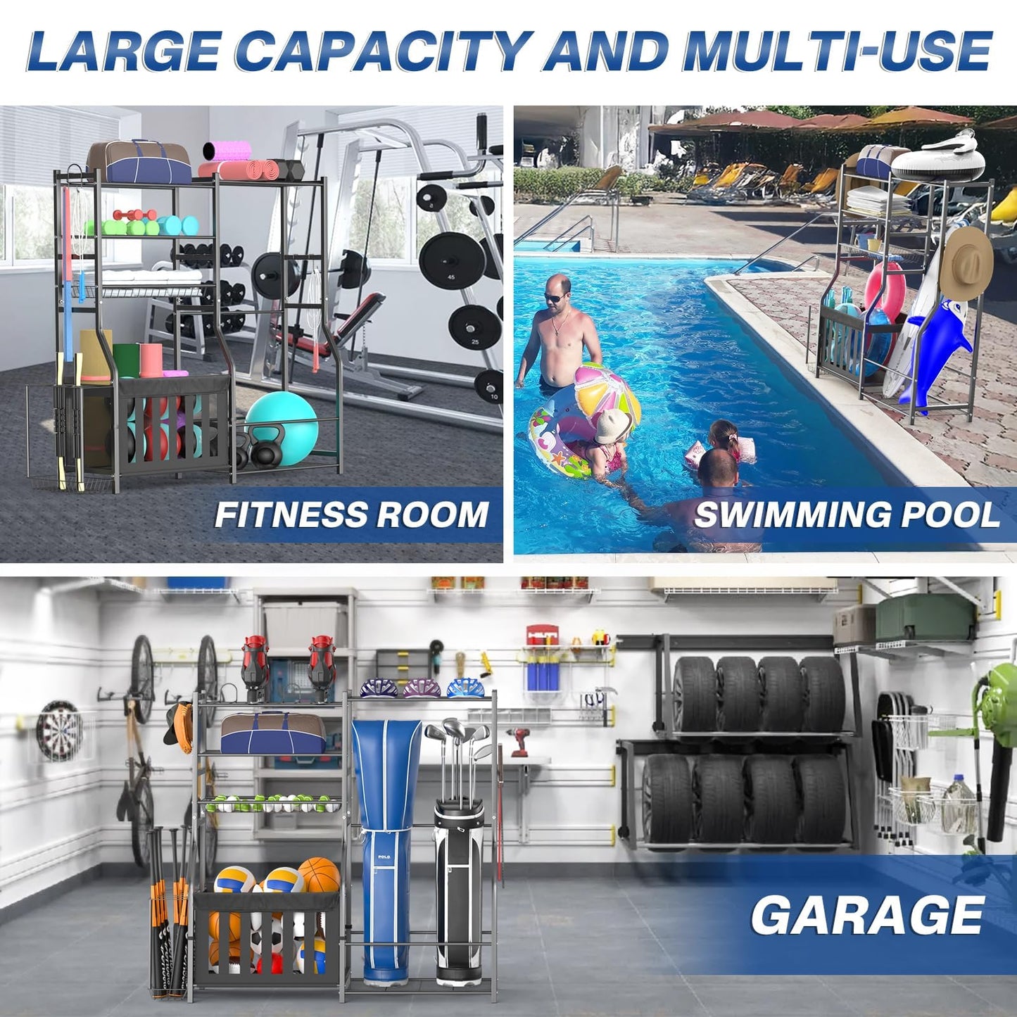 organizelink Heavy Duty Garage Sports Equipment Organizer, All-in-One Golf Bag Storage Rack & Multi-Sport Ball Holder for Basketballs, Bats & Kids Toys, Indoor/Outdoor Free Standing Gear Bin