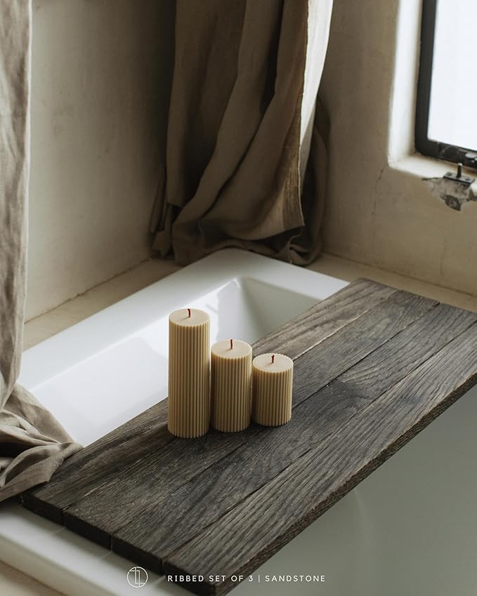 LAWA Roman Handmade Tall Ribbed Pillar Candle - Beautiful Scented Soy Wax Dinner Candle | Classic Aesthetic Decoration Set | Housewarming Gift | Home Room Shelf Decor Idea - Sandstone (Set of 3)