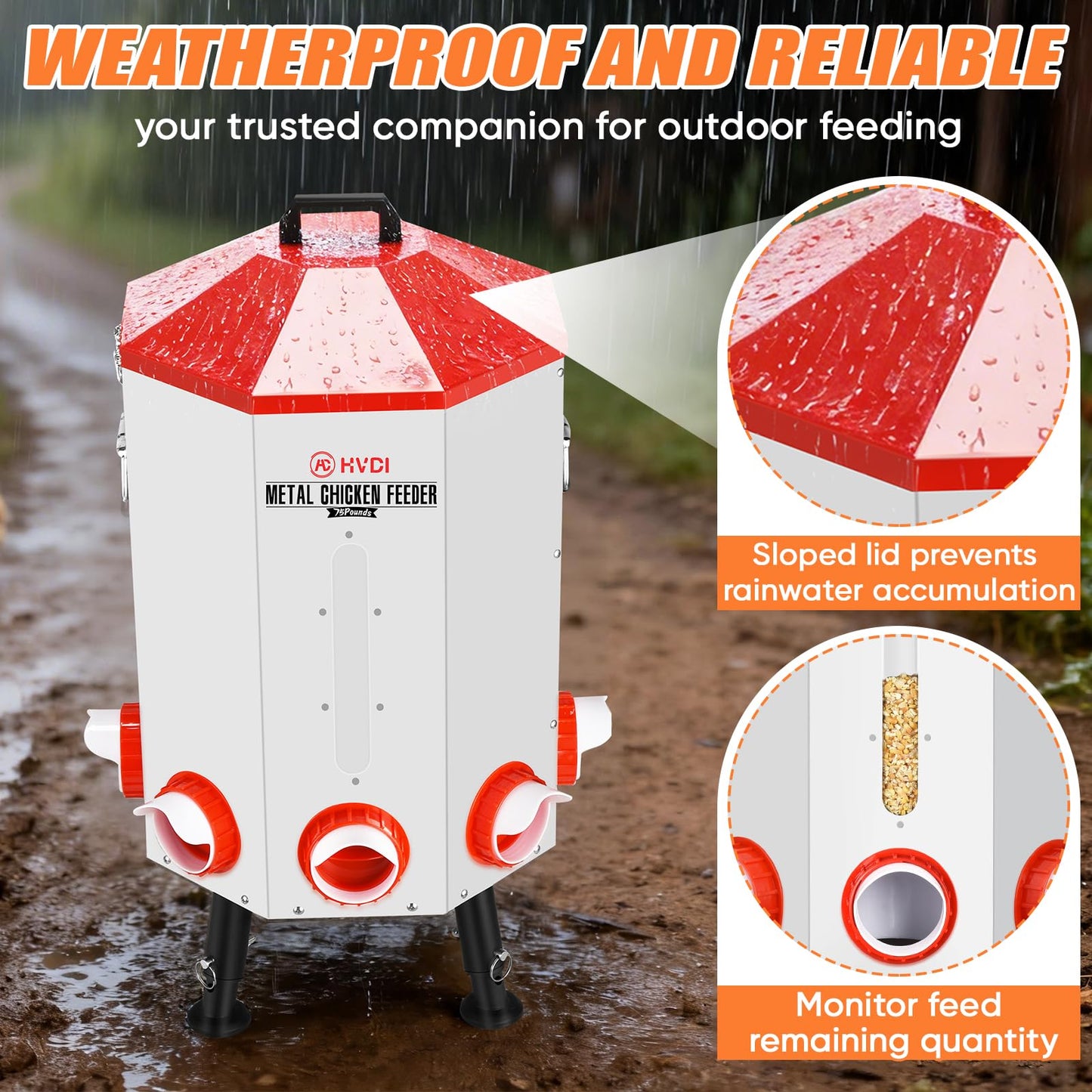 70lbs - 80lbs Large Automatic Chicken Feeder, Adjustable Stand, 8 Feeding Ports, Viewing Window, Sloped Roof Rain Protection Design