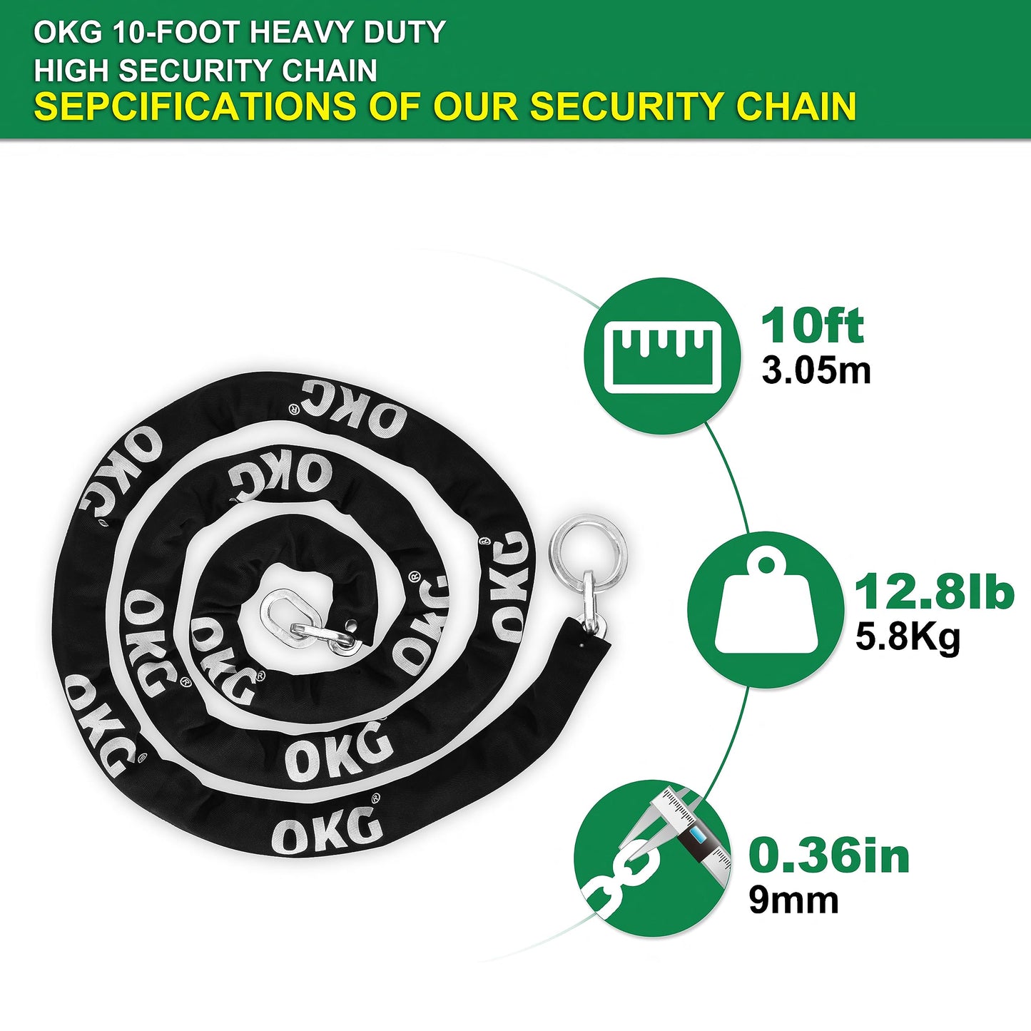 OKG Extra Long Security Chain - 10-Foot x 3/8" Thick Heavy Duty, Eco-Zinc Plated - Uncuttable for Outdoor & Indoor Use - Bike & Motorcycle Lock Chain - For Two+ 2-Wheeled Vehicles