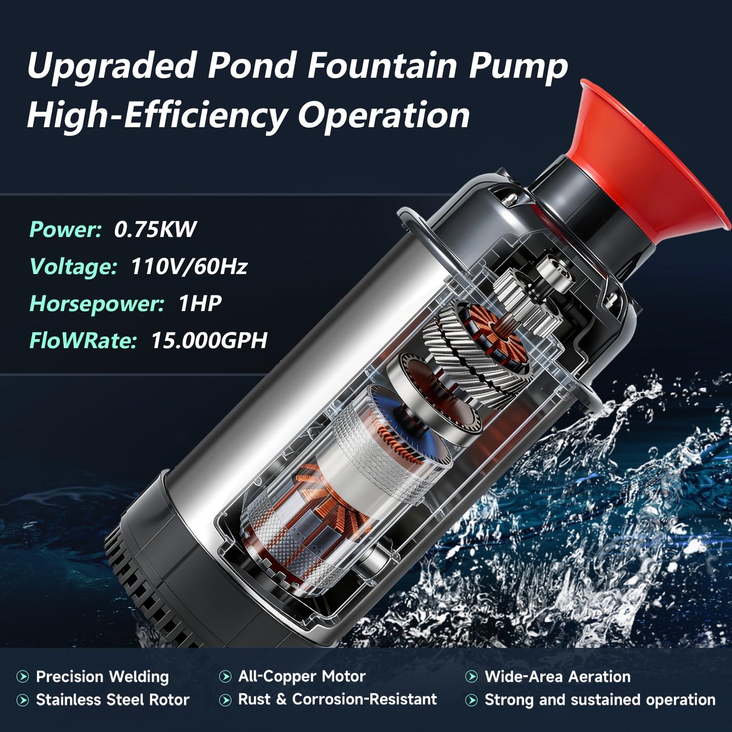 Pond Fountain Aerator, 1HP 110V 750W 15000 GPH Floating Fountain Pump with 100 FT Power Cord, 2 x 100 FT Rope, Timer, Fully Automatic Powerful Aerating Fountain for Larger Ponds, Lakes
