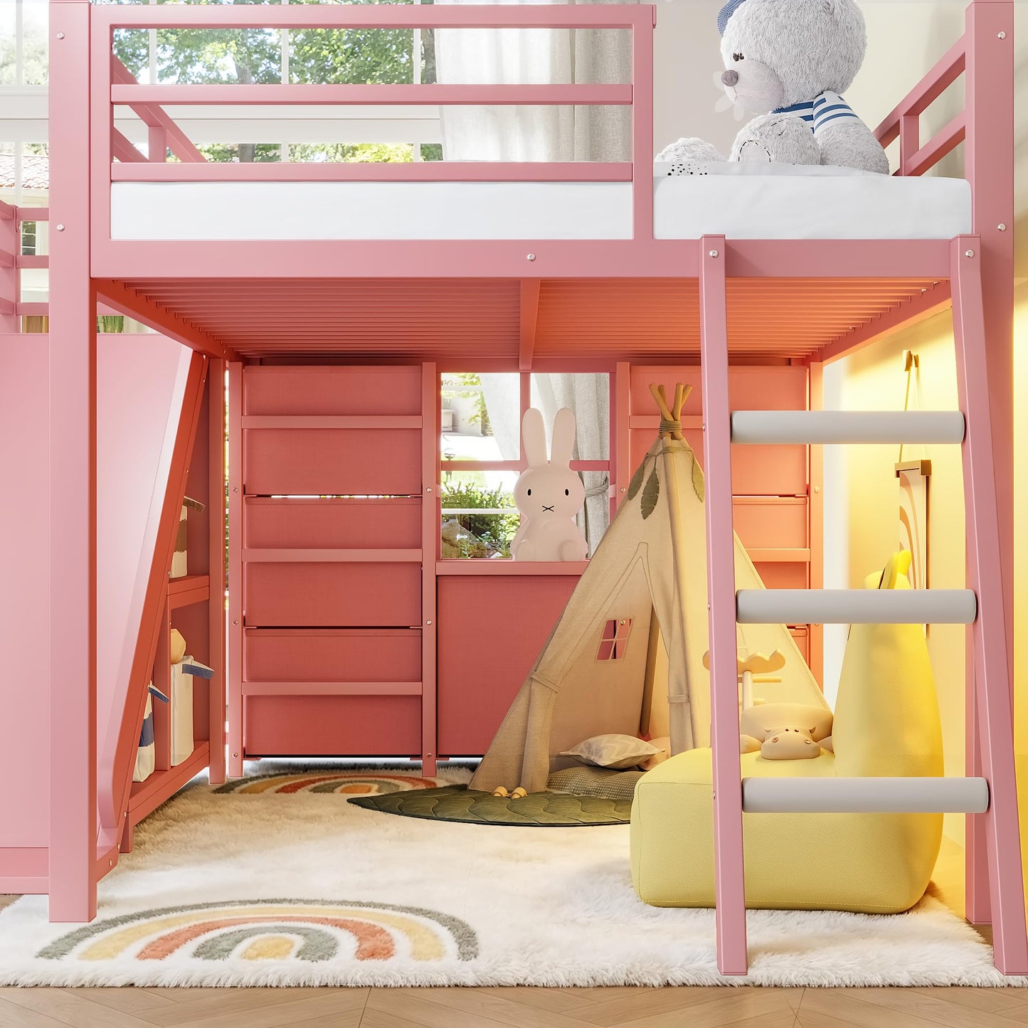 KEIKI Twin Size Metal Loft Bed Frame with Slide & Ladder & Non-Woven Fabric Drawer & Shelves & Hanging Area, Multi-Storage Loft Bed with Slat, No Box Spring Required, Easy Assembly, for Bedroom, Pink