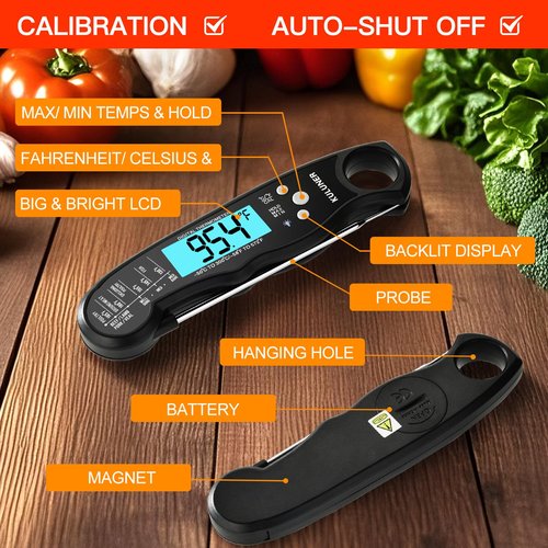 KULUNER TP-01 Waterproof Digital Meat Thermometer - Instant Read with 4.6" Folding Probe & Backlight (Black)