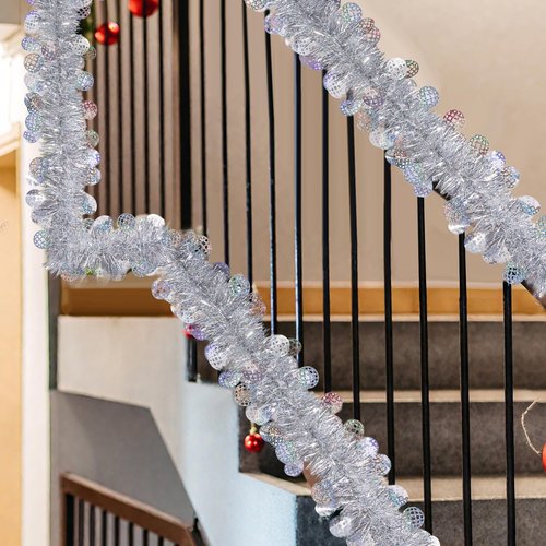 LOAVER 33 FT Christmas Silver Disco Ball Tinsel Garland,Metallic Tinsel Twist Garland Shiny Hanging Decoration for Christmas Tree Disco Party Home Supplies Staircase Railing Indoor Outdoor Decor