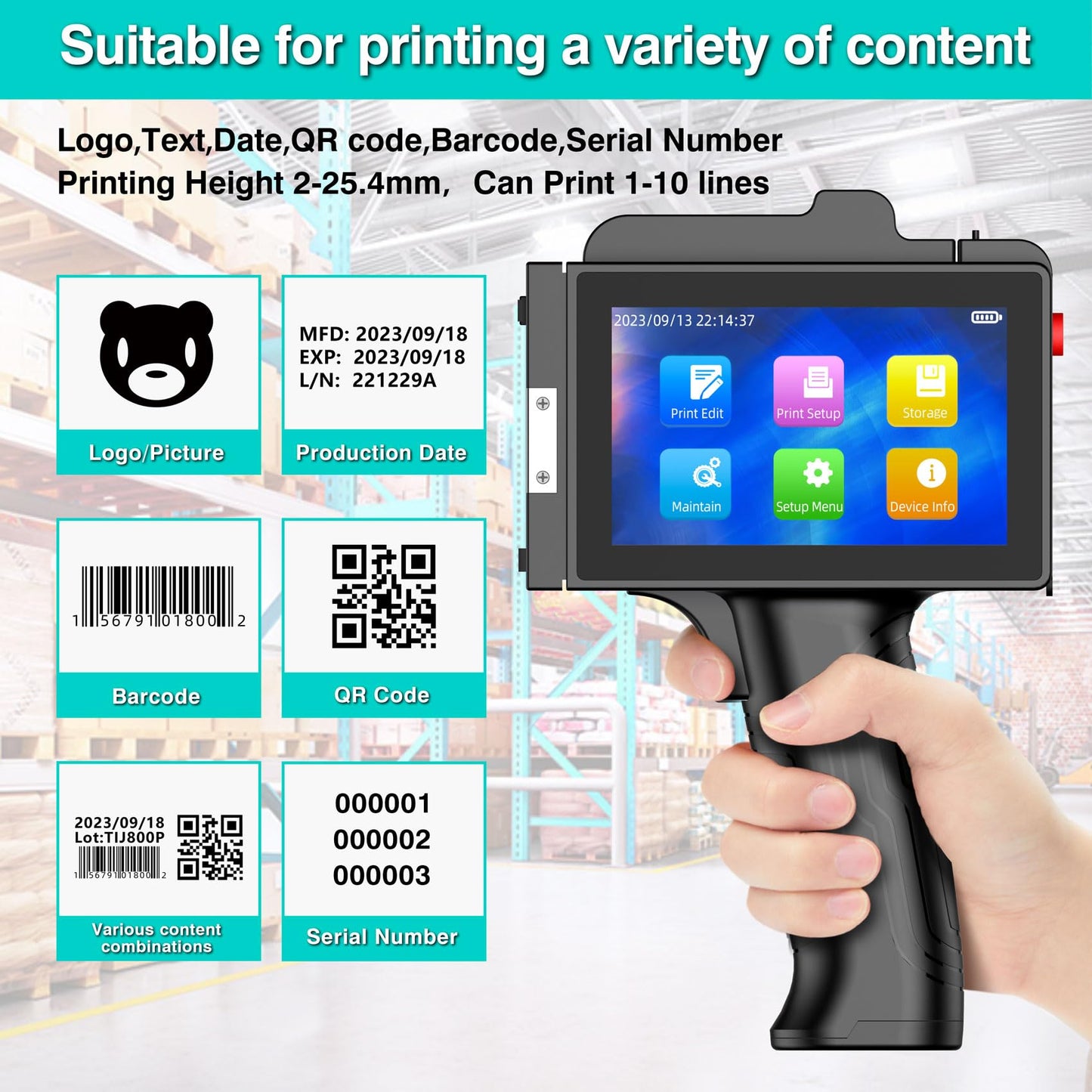 TIKTONER TIJ800P Handheld Inkjet Printer 1 inch Portable Handheld Printer Gun 5 Inch Screen Quick Drying Inkjet Coding Machine for Batch Number/Date/Barcode/QR Code/Logo etc
