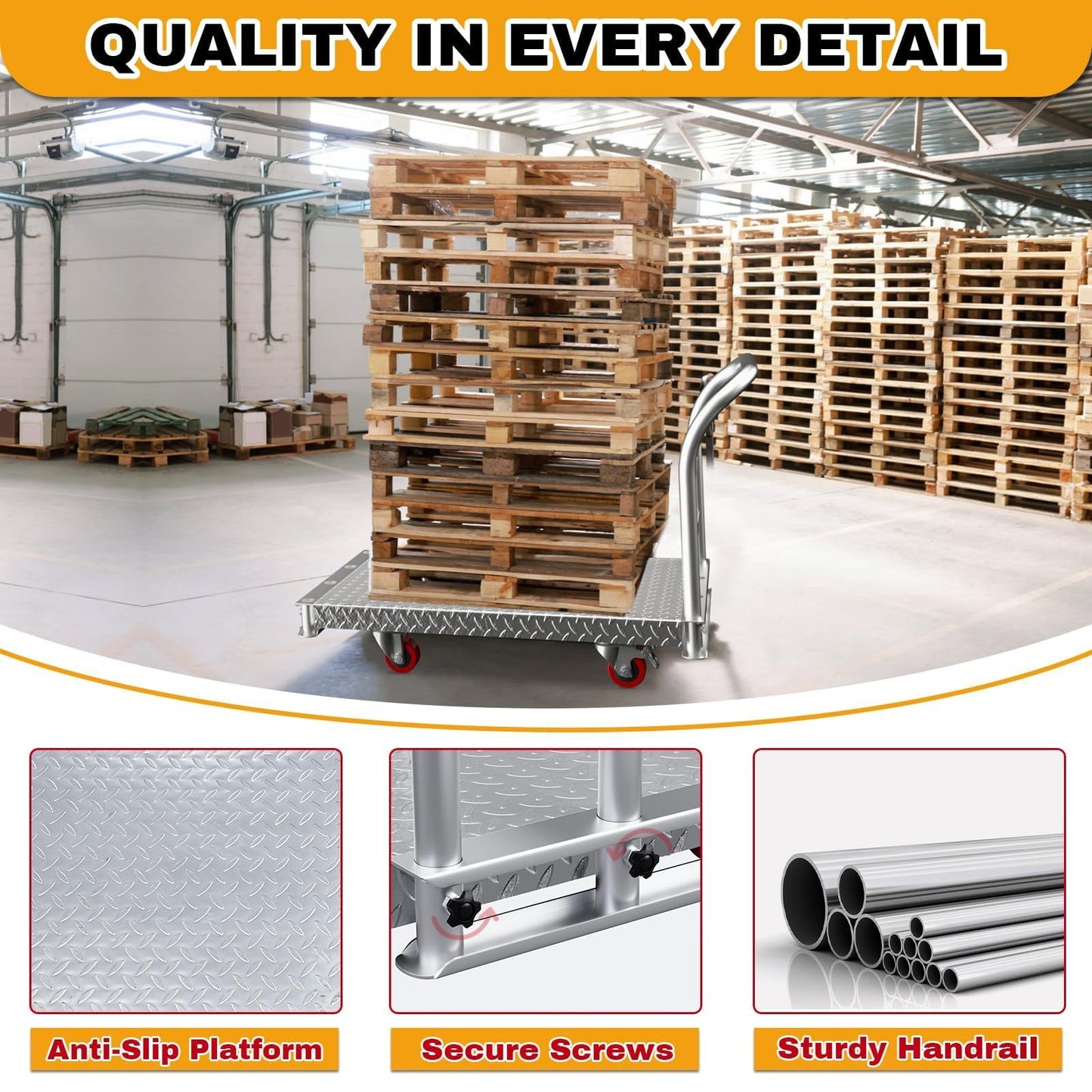2IN1 Steel Panel Cart Dolly – Large Heavy Duty Drywall Lumber Truck Cart with 2700 LBS Capacity, 40 x 24 Inch 2.2MM Steel Plate, 6.3" Swivel Brake Wheels, 1 Front & 3 Side Handrails