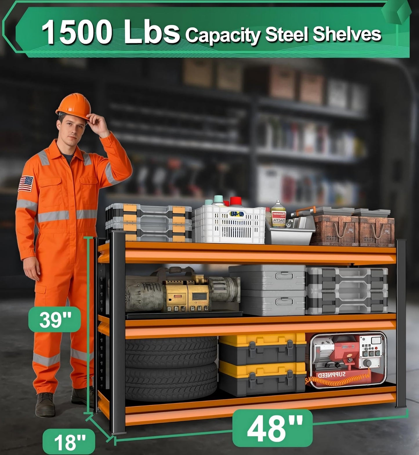 SUPPNEED 48" W Storage Garage Shelving: 1,500Lbs Black & Orange Metal Freestanding Utility Shelves, 3 Tier Adjustable Heavy Duty Rack Units 48" W x 18" D x 39" H