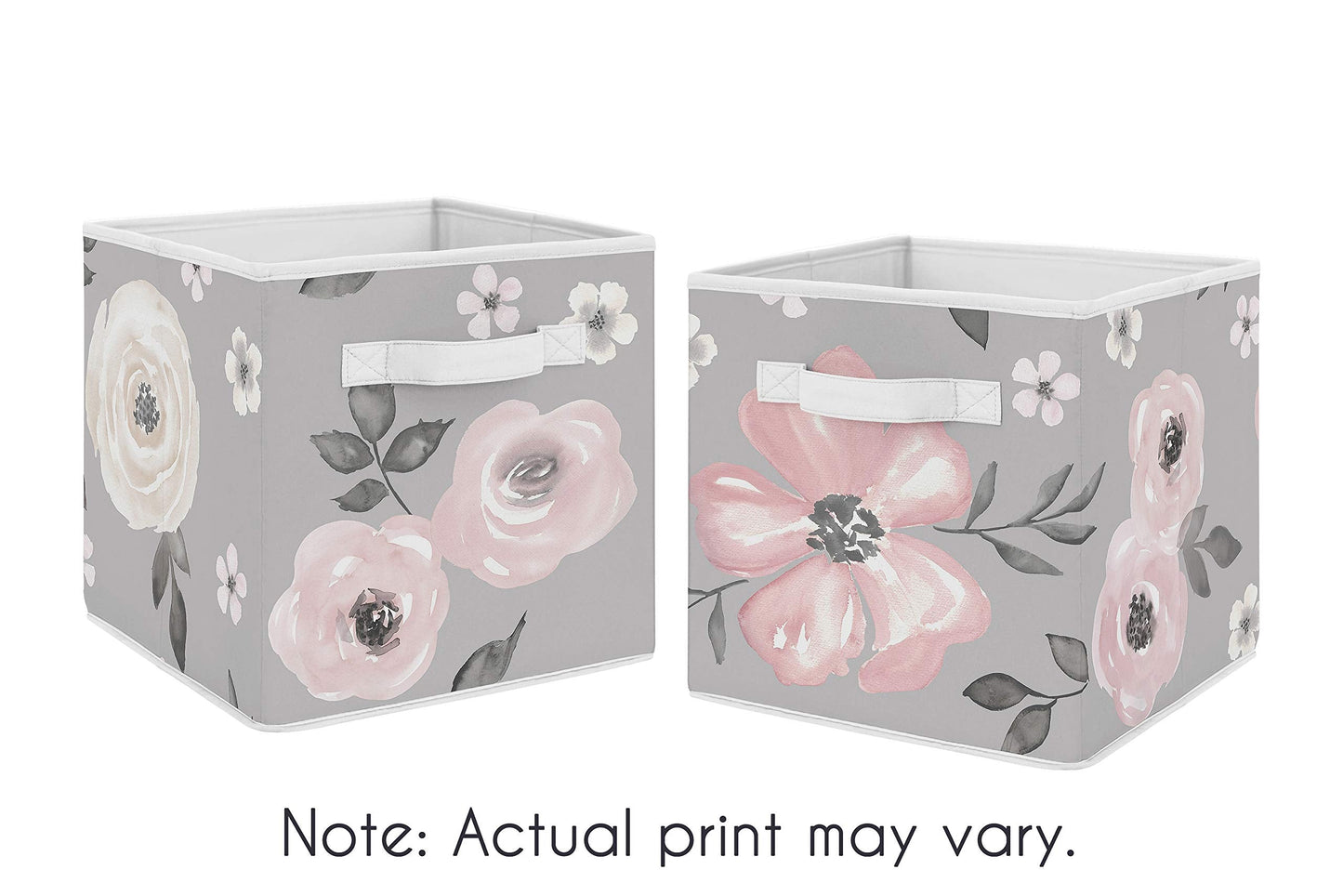 Sweet Jojo Designs Grey Watercolor Floral Foldable Fabric Storage Cube Bins Boxes Organizer Toys Kids Baby Childrens - Set of 2 - Blush Pink Gray and White Shabby Chic Rose Flower Farmhouse