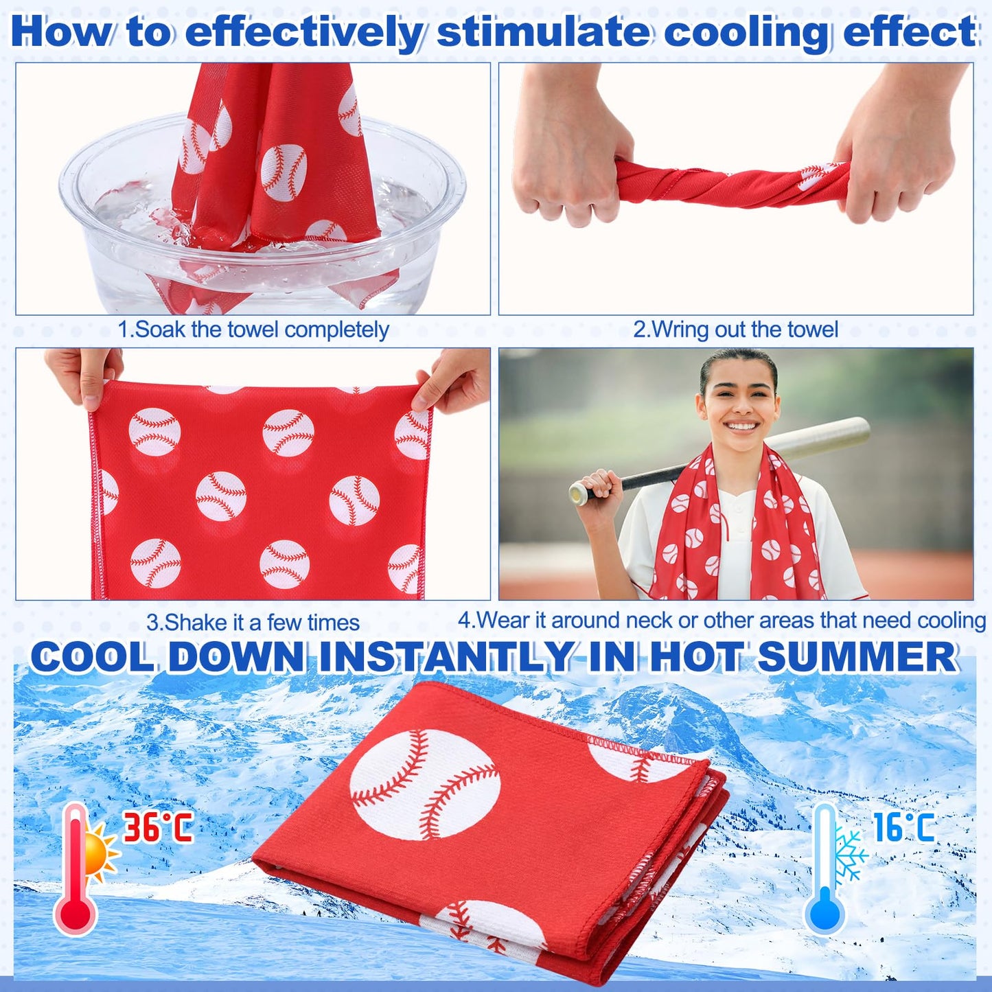 Mindsoft 12 Set Baseball Cooling Towels for Sports Team Gifts with Carrying Pouch 40 x 12 Inch Baseball Towels Bulk Microfiber Ice Cooling Rags for Birthday Party Favors Swag Bag Stuffers