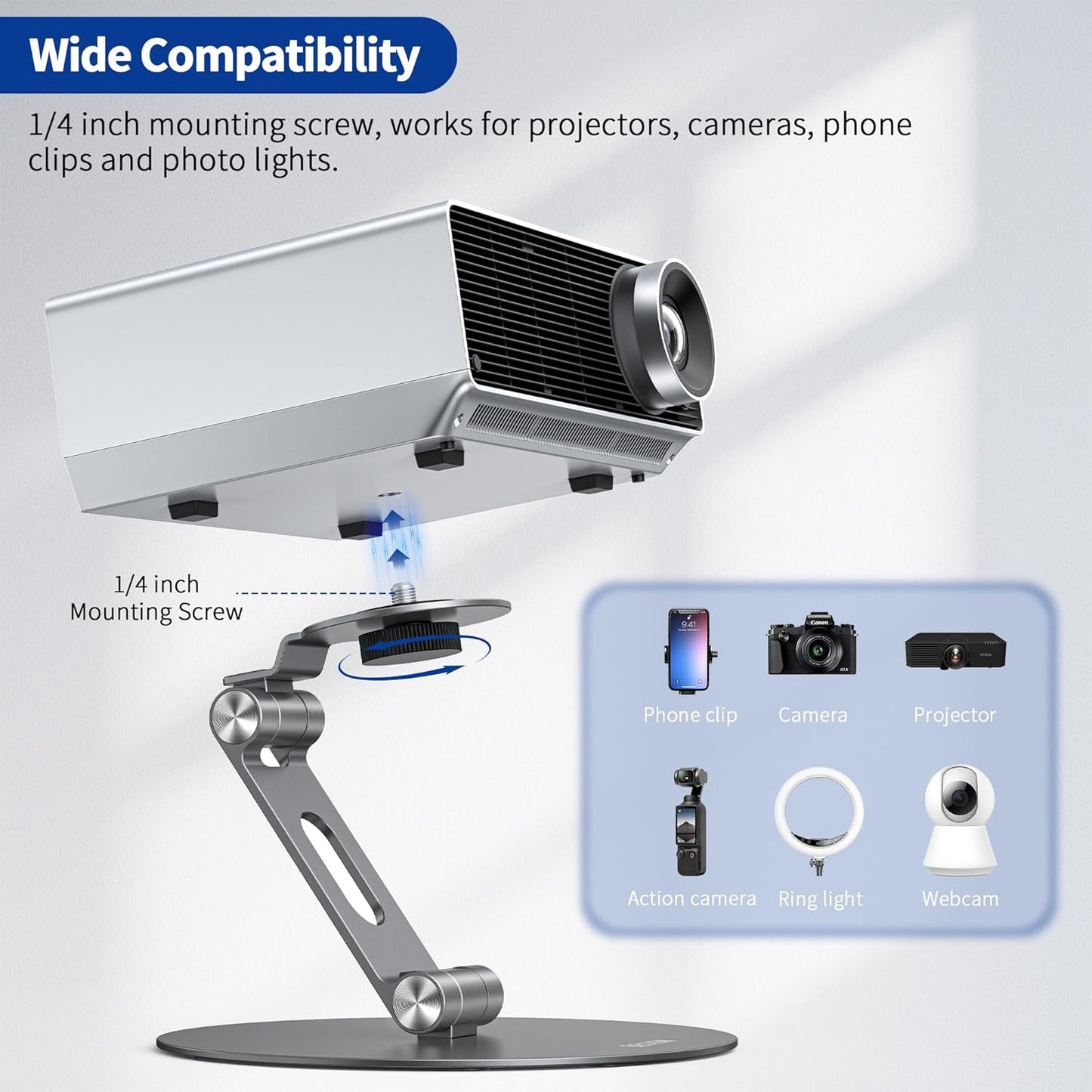 BESIGN PS01 1/4 inch Projector Foldable Mount Stand, Angle Adjustable Projector Stand with Mounting Screw
