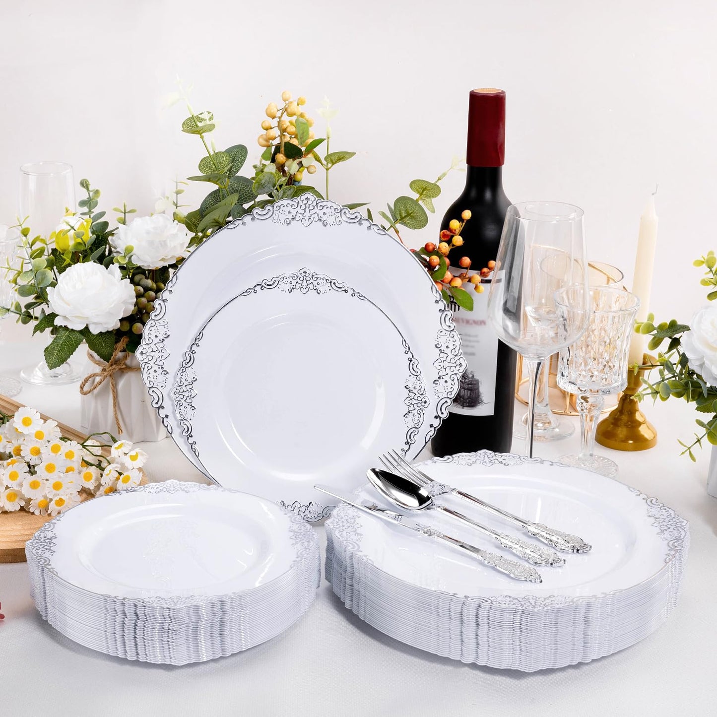 Bestluck 100 PCS White and Silver Plastic Plates for 50 Guests, Rose Gold Disposable Plates Include 50 PCS Dinner Plates, 50 PCS Dessert Plates for Party, Wedding and Baby Shower