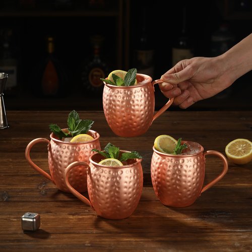 Cocktail Geek Moscow Mule Copper Mugs, Hammered Design, 100% Pure Solid Copper with Riveted Handle, Set of 4