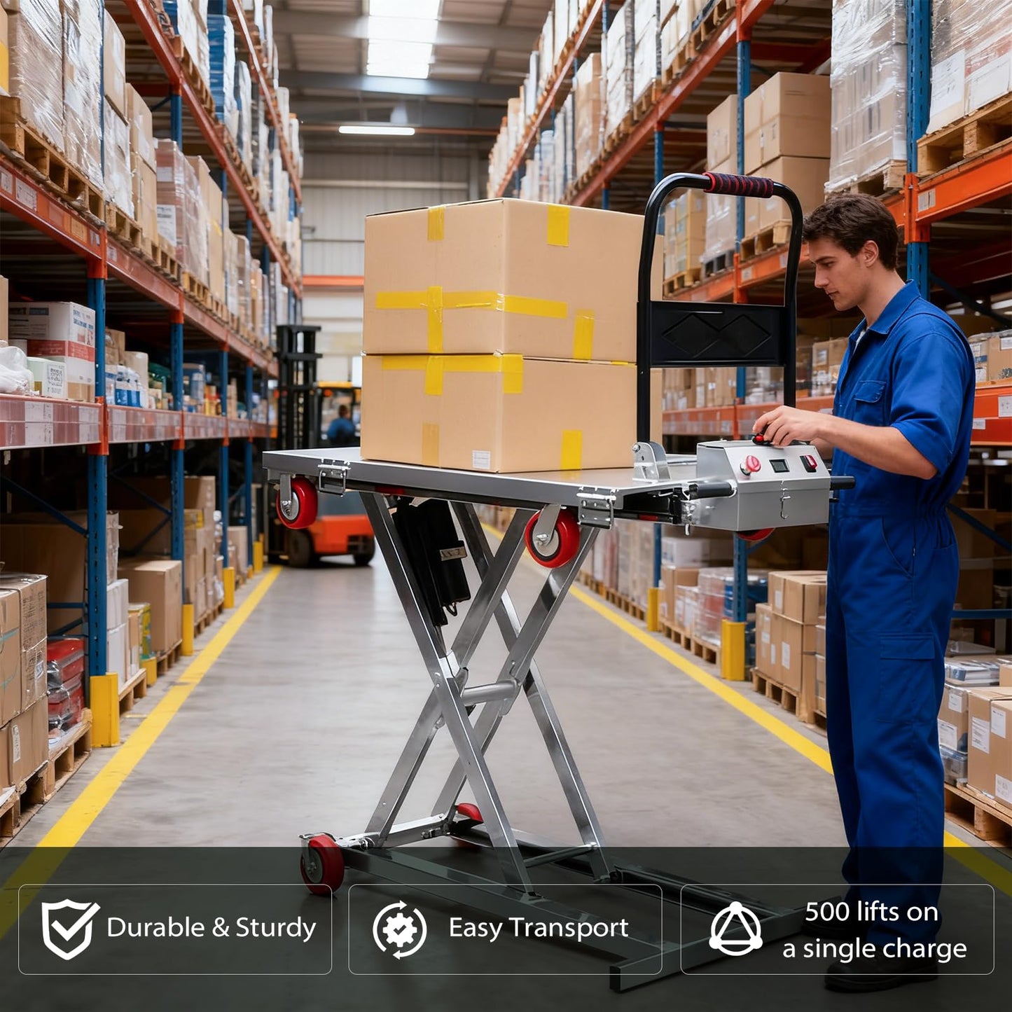 LCKJZYL Electric Hydraulic Lift Table Cart, Durable 660 LB Hydraulic Electric Dolly Lift, 32" Lifting Height, Foldable, with 48V Battery, for Material Handling