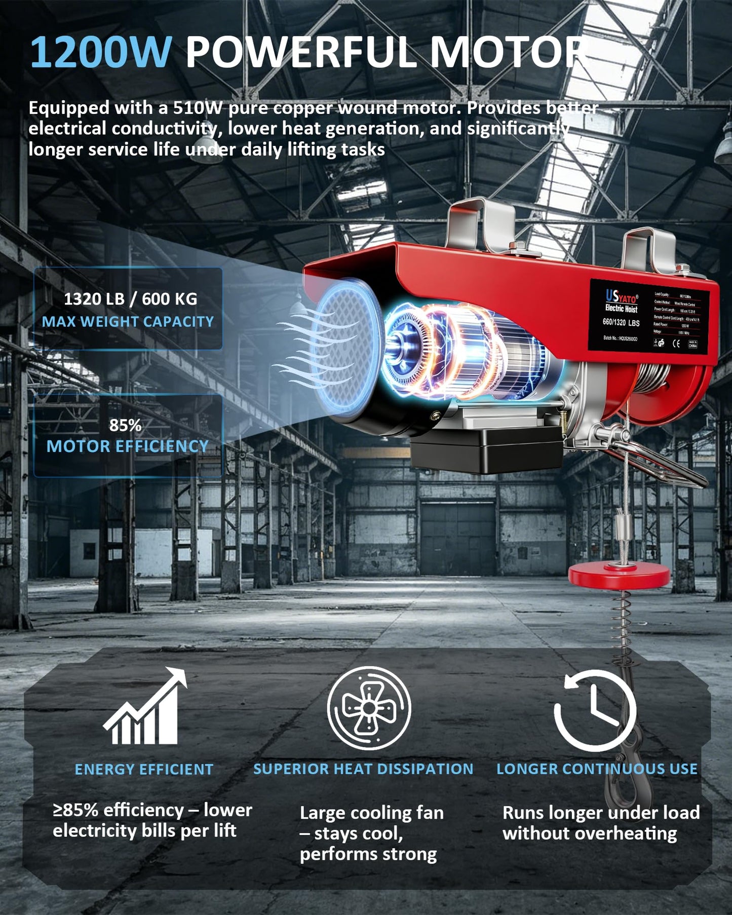 USYATO 1320 lbs Electric Hoist with 14.1 ft Wired Control,110V Electric Winch with Emergency Stop Switch,Zinc-Plated Steel Wire Hoist,Material Handling Tool for Warehouse,Garage,Factory,Attic