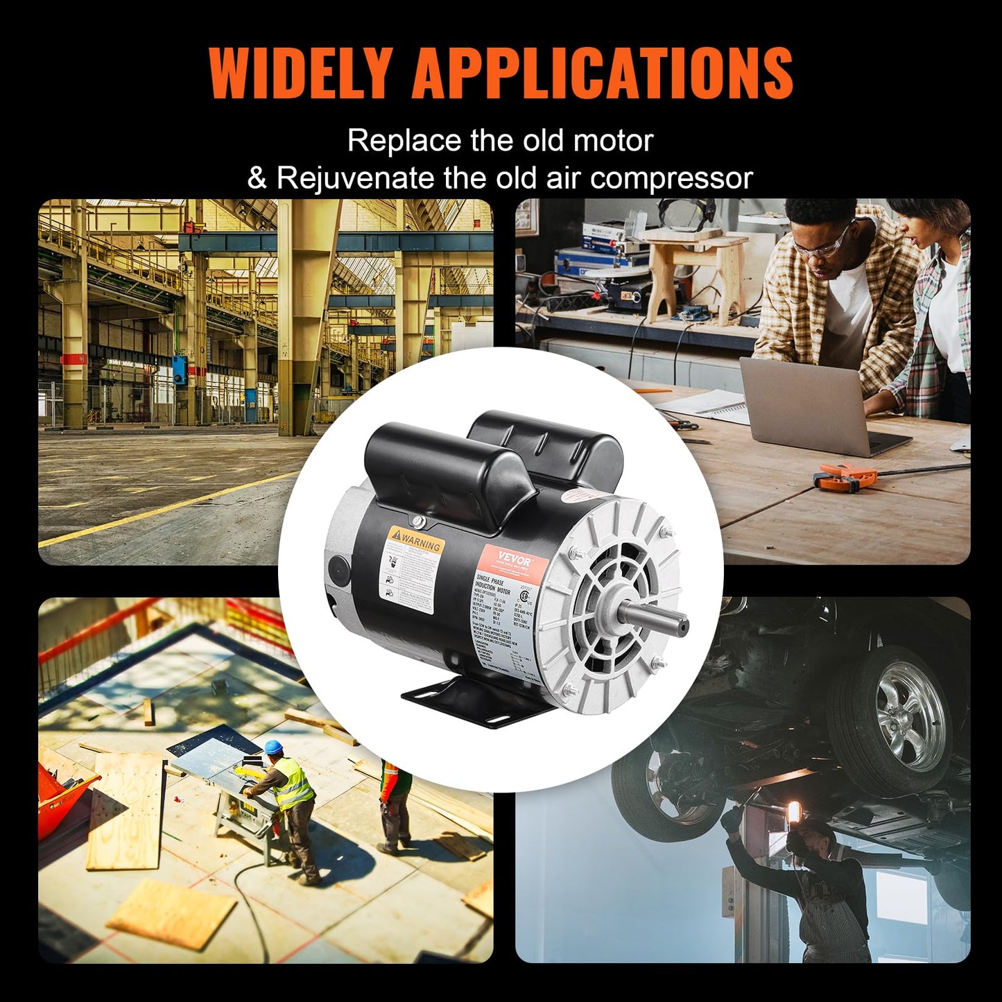 VEVOR 5HP SPL Air Compressor Electric Motor, 230V 17.6Amps, 56 Frame 3450RPM, 5/8" Keyed Shaft, 1.88" Shaft Length, Single Phase, CW/CCW Rotation (Factory Setting is CCW)