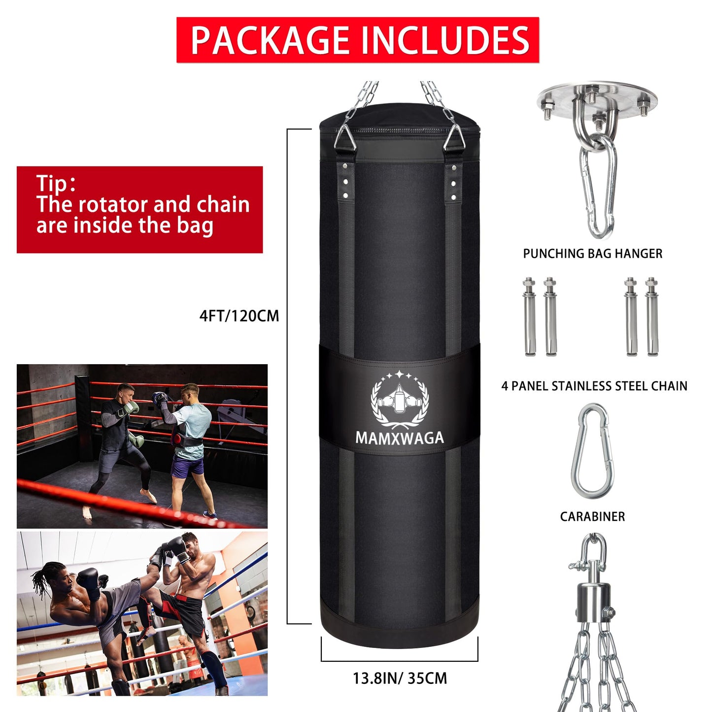 Mamxwaga 4FT Canvas Punching Bags for Adults, Hanging Heavy Boxing Bag for Kickboxing Karate Taekwondo Muay Thai Training, Max Load-Bearing 180 Lbs (Unfilled)
