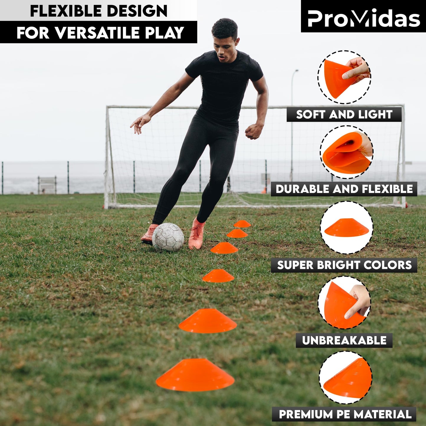 Disc Soccer Cones for Training Kids with Mesh Bag & Strap - 200/100/50/24 Small Plastic Cone for Sports Training - Flexible Conos for Soccer Practice Equipment, Basketball & Football Drills Equipment
