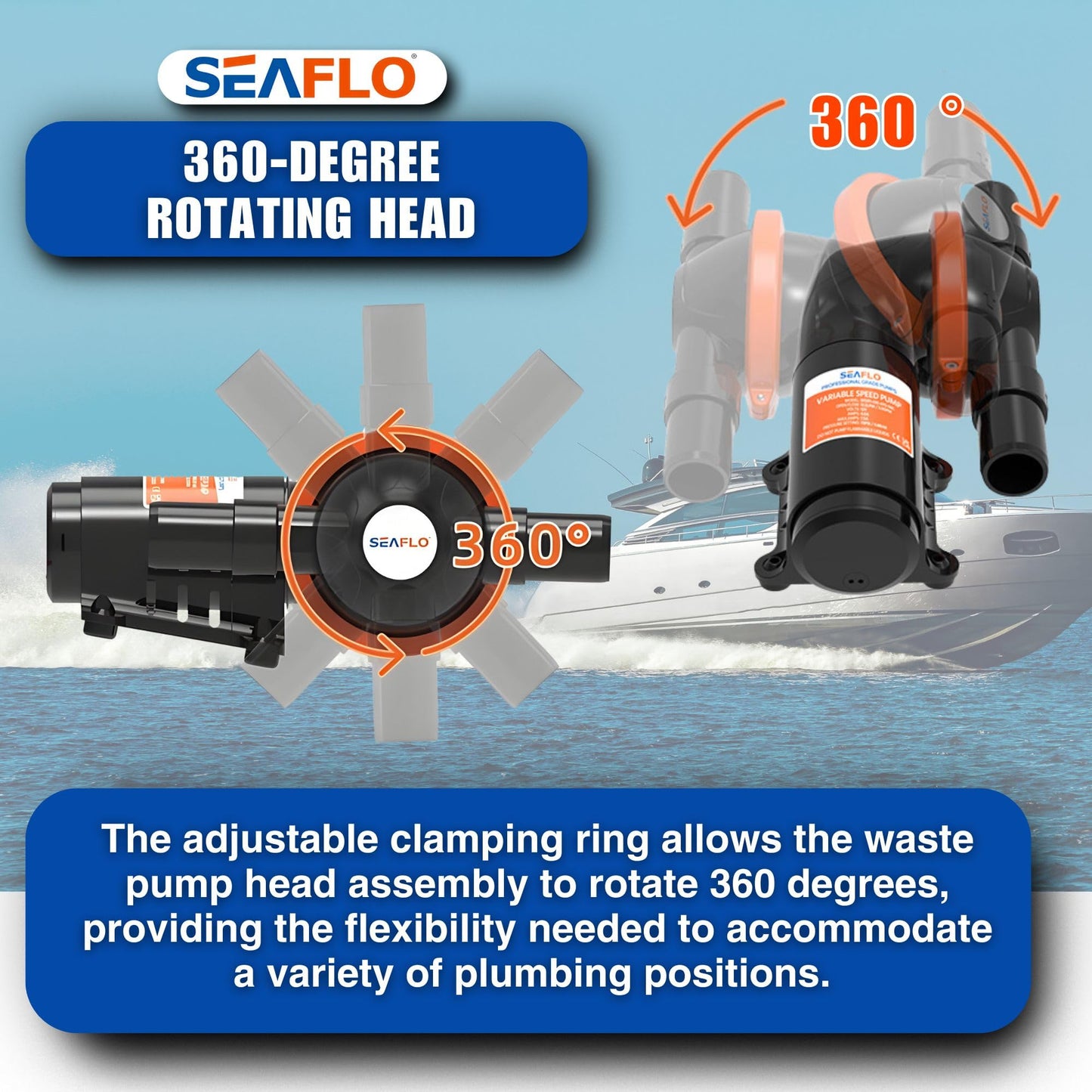 SEAFLO 12V Diaphragm 5.0 GPM Waste Pump – 360-Degree Rotating Head, 4-Year Warranty for Marine, RV, Camper, Boat