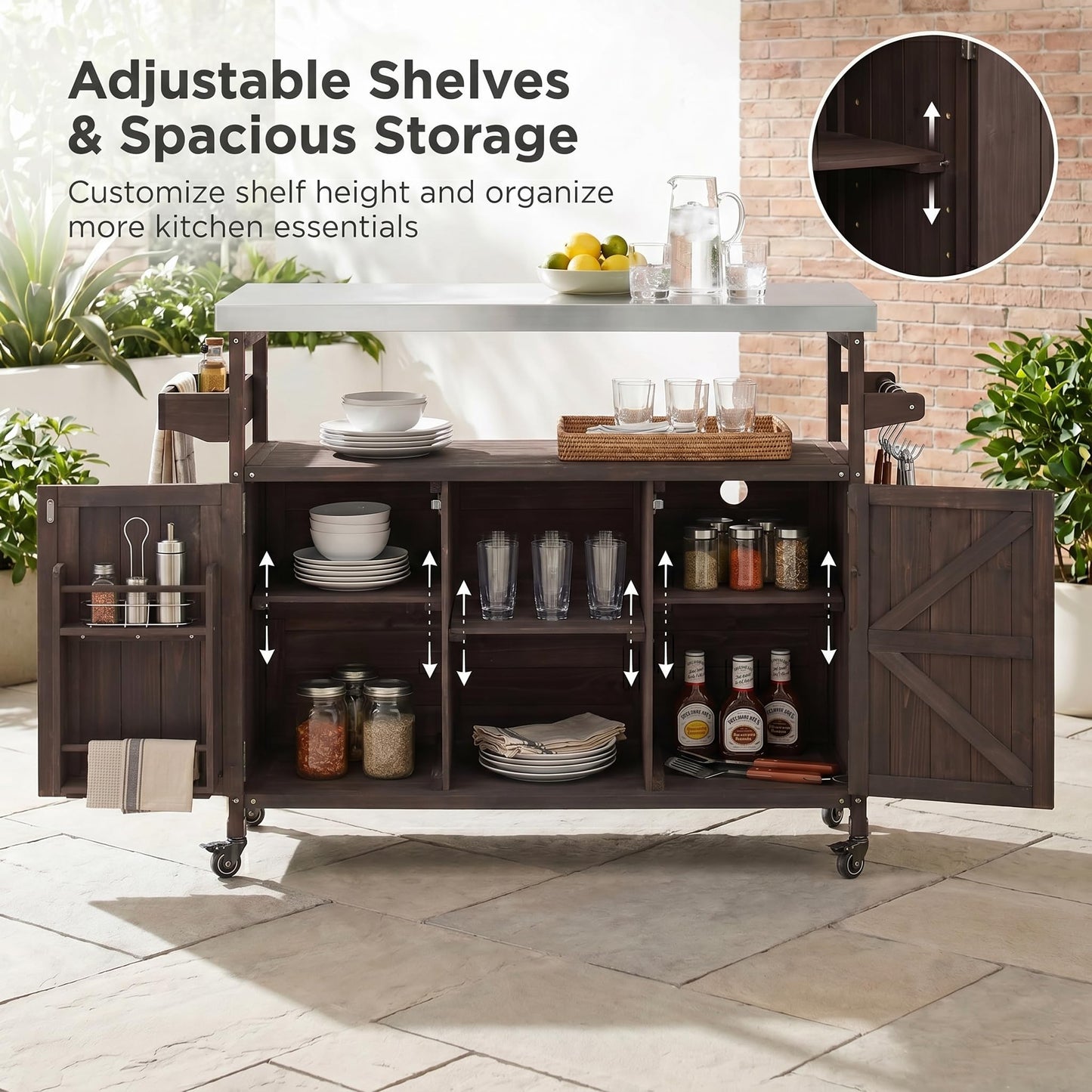 50" Outdoor Grill Cart with Storage Cabinet, Solid Fir Wood BBQ Prep Table with Stainless Steel Top, Rolling Outdoor Serving Cart with Lockable Wheels, Spice Rack & Hooks for Patio, Brown