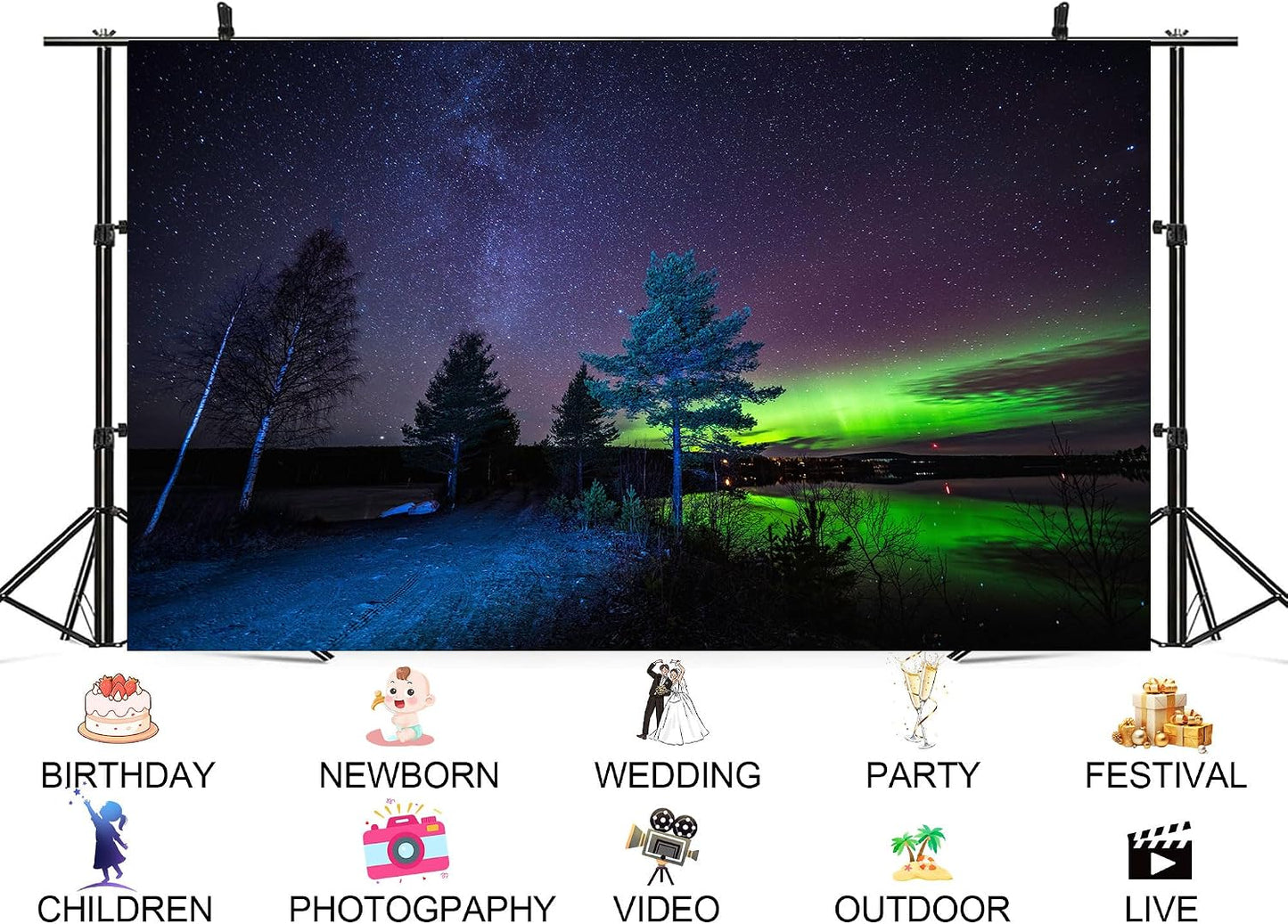 UPXIO 8x8ft Northern Lights Over Lake Backdrop Green Aurora Borealis and Starry Nordic Night Sky Photo Background