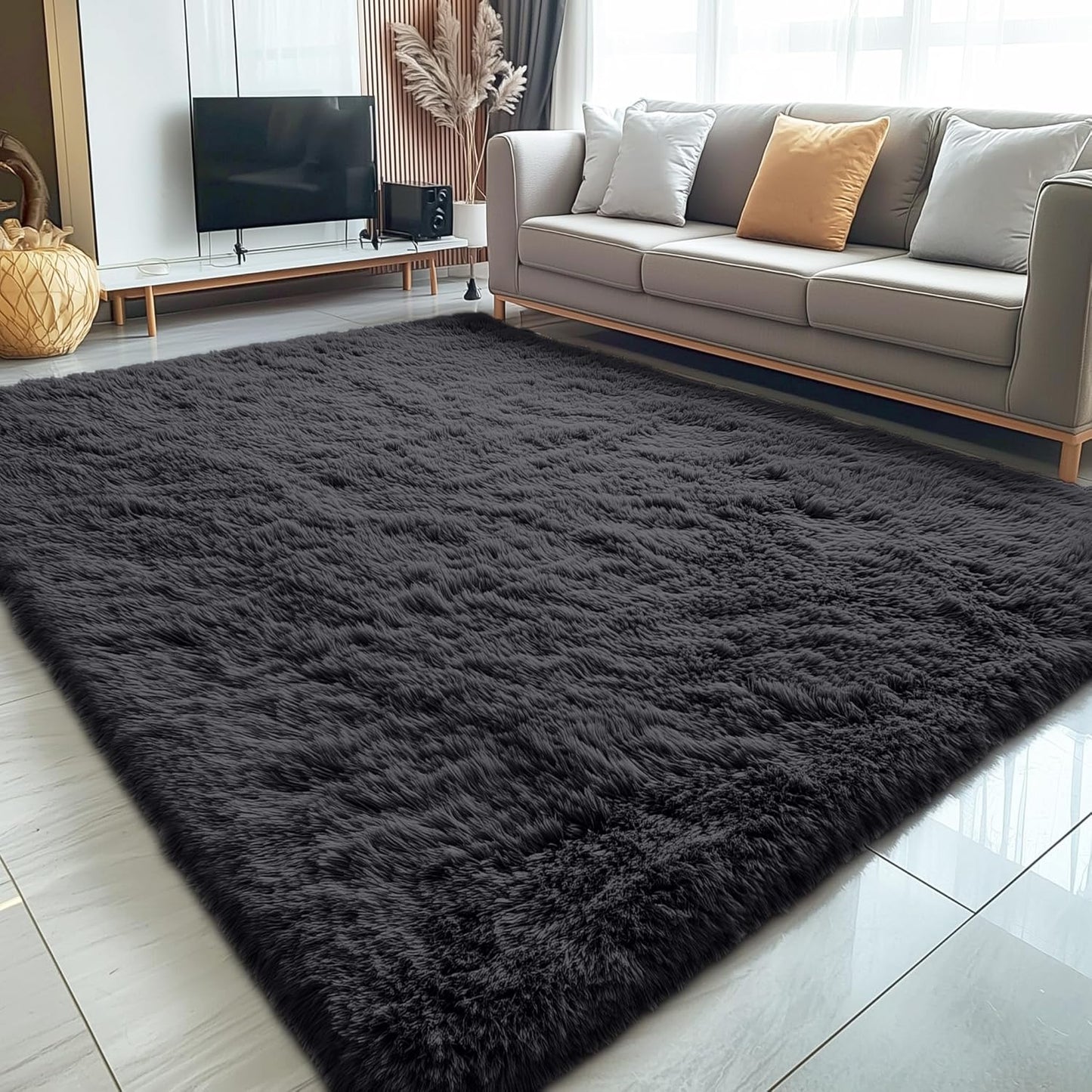 OLANLY Large Area Rug - Soft Fluffy Shaggy Carpet for Living Room & Bedroom | 5x9 ft, Black