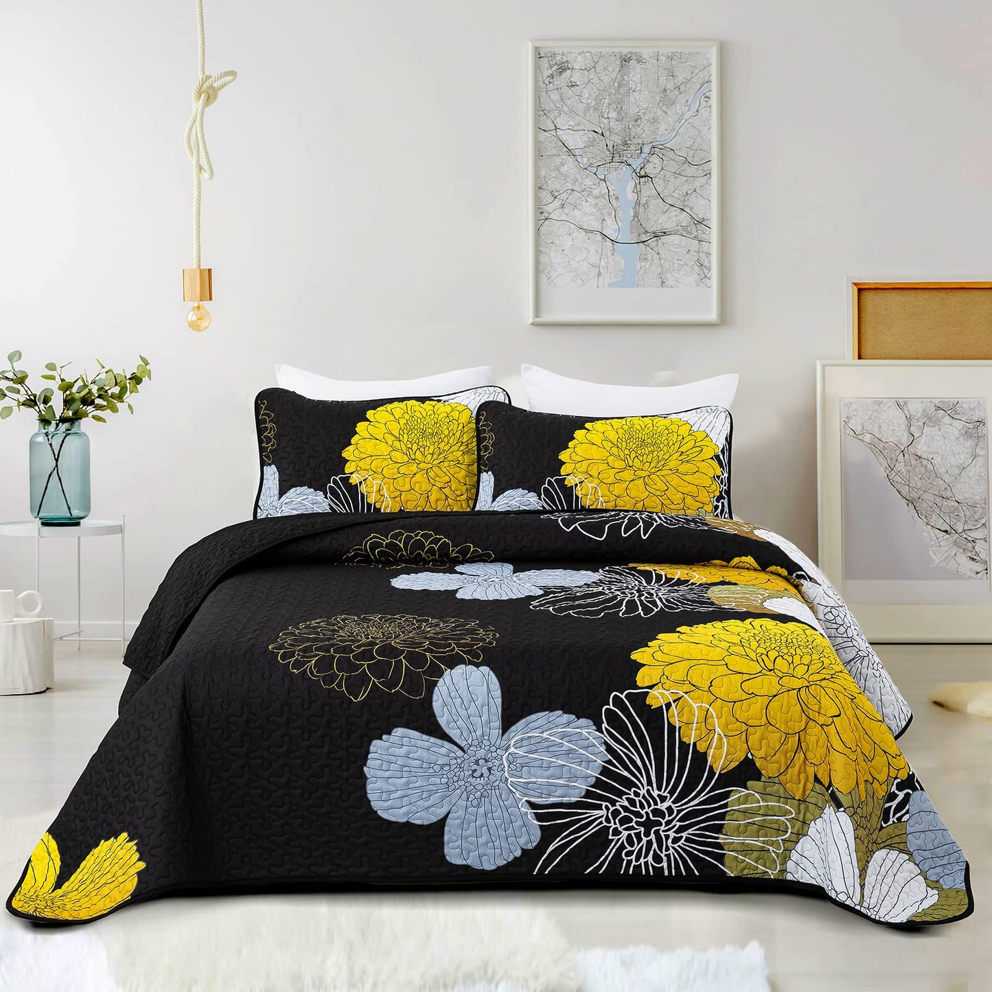 Yellow Floral Quilts California King Size Coverlet Set - 3 Pieces Lightweight Black Cal King Bedspread with 2 Pillowcases - All Season Soft Microfiber Reversible Bedding Quilt Set (Yellow/Black)