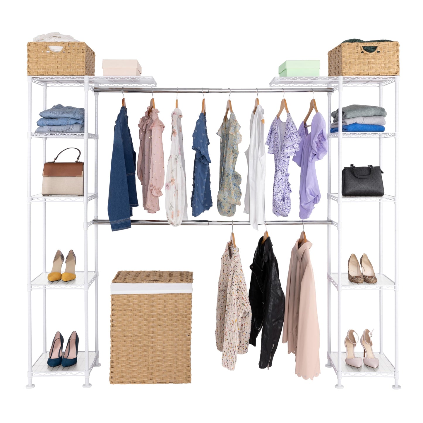 Seville Classics Closet Garment Organizer with Metal Hanging Rod Wardrobe Storage System, w/ Steel Shelves for Clothes, Shirts, Jackets, Coats, Blankets, Shoes, White, Expandable Rack